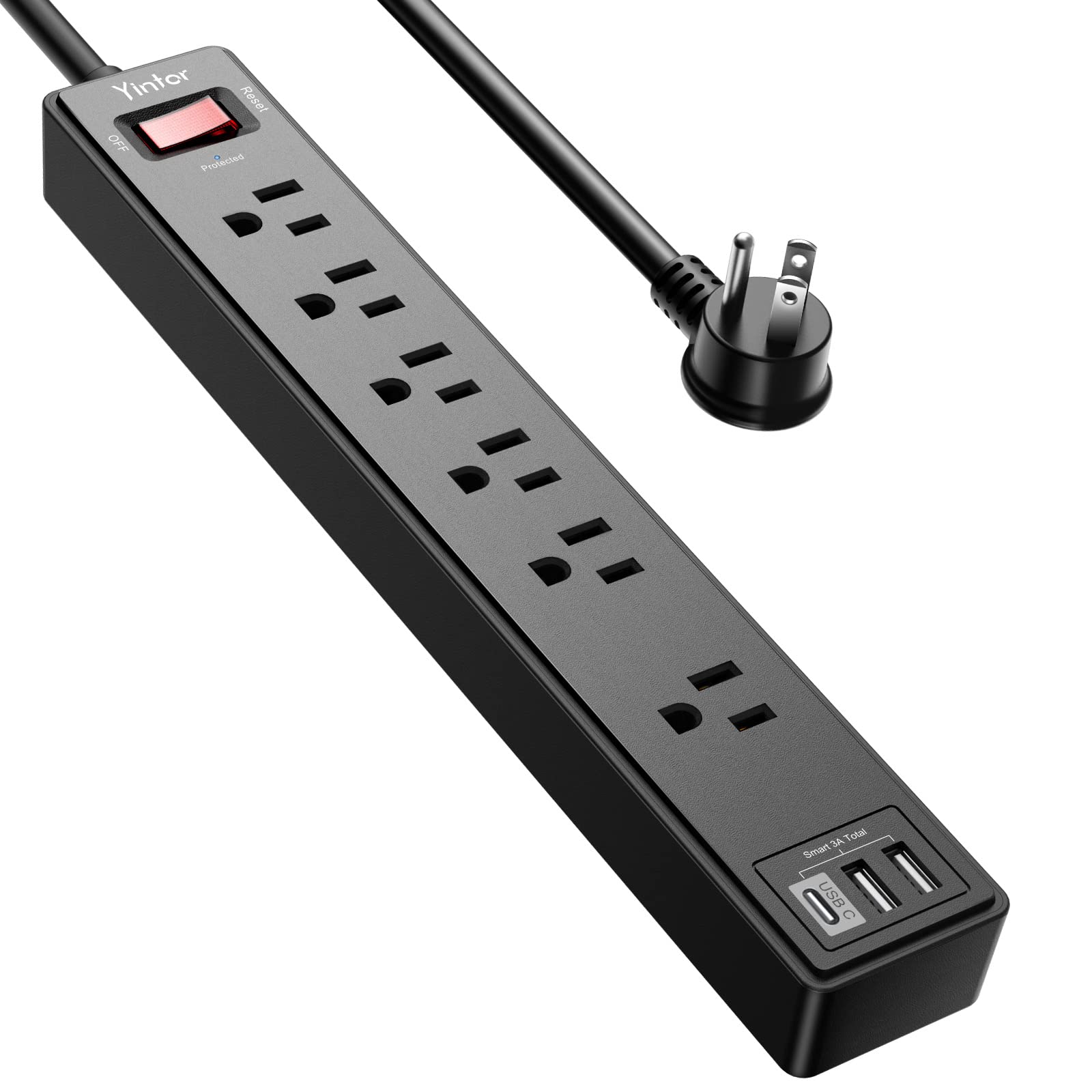 6 Ft Power Strip Surge Protector - Yintar Extension Cord with 6 AC Outlets and 3 USB Ports for Home, Office, Dorm Essentials, 1680 Joules, ETL Listed, Black
