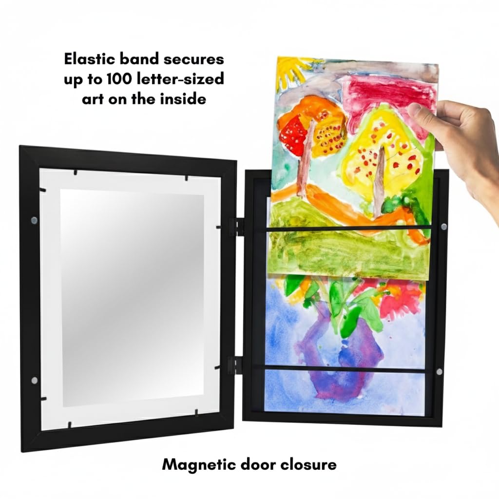 Kids Artwork Frame Changeable (Black) - Magnetic Door Holds 100 Art Pieces - 8.5x11 Letter Size Display with Mat or 10x12.5 Without Mat - My Mini Masterpiece