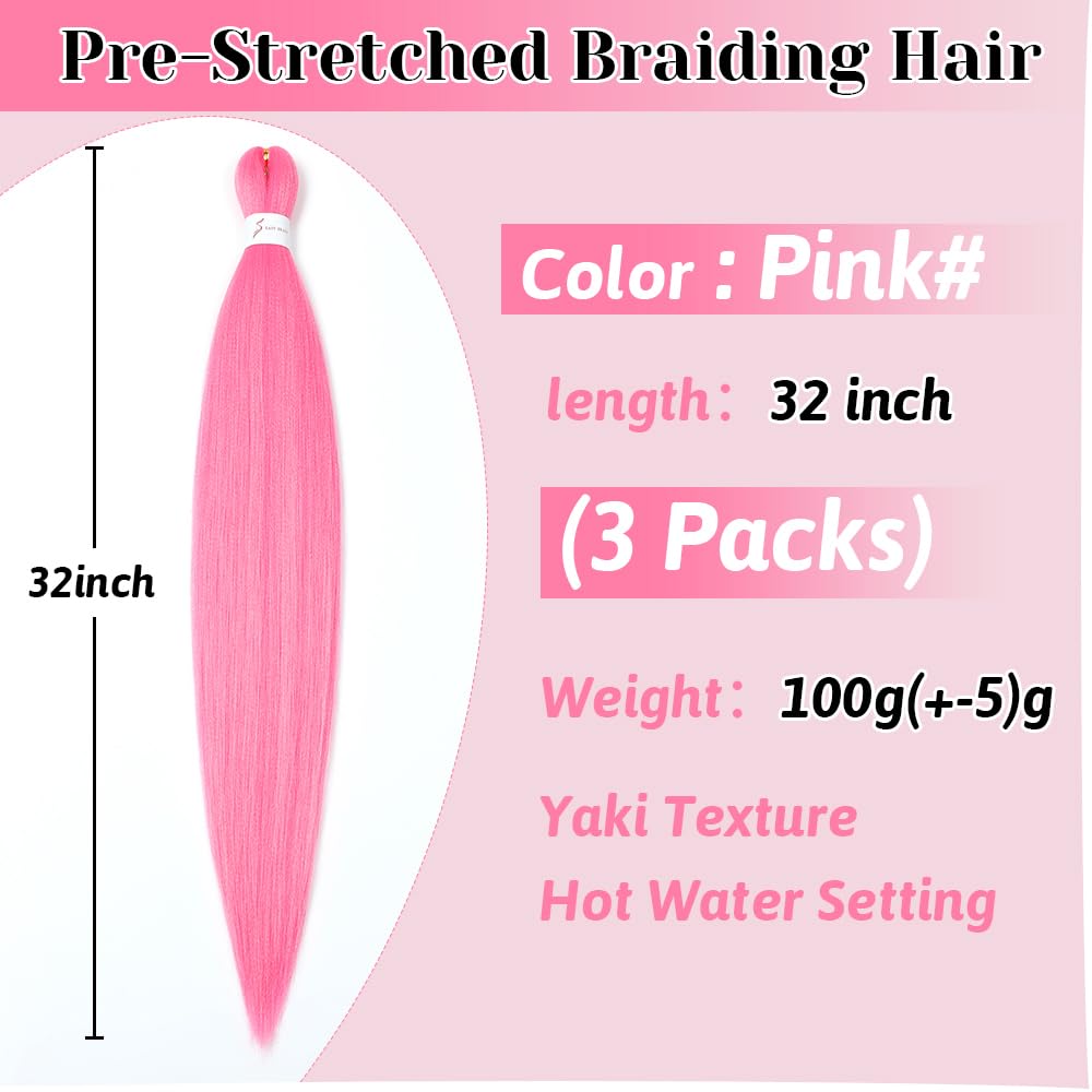 Pre stretched Braiding Hair 32 Inch Pink Braiding Hair Extensions Yaki Braids Hair Hot Water Setting Synthetic Hair Colored Braiding Hair Crochet Hair(3 Packs,Pink#)