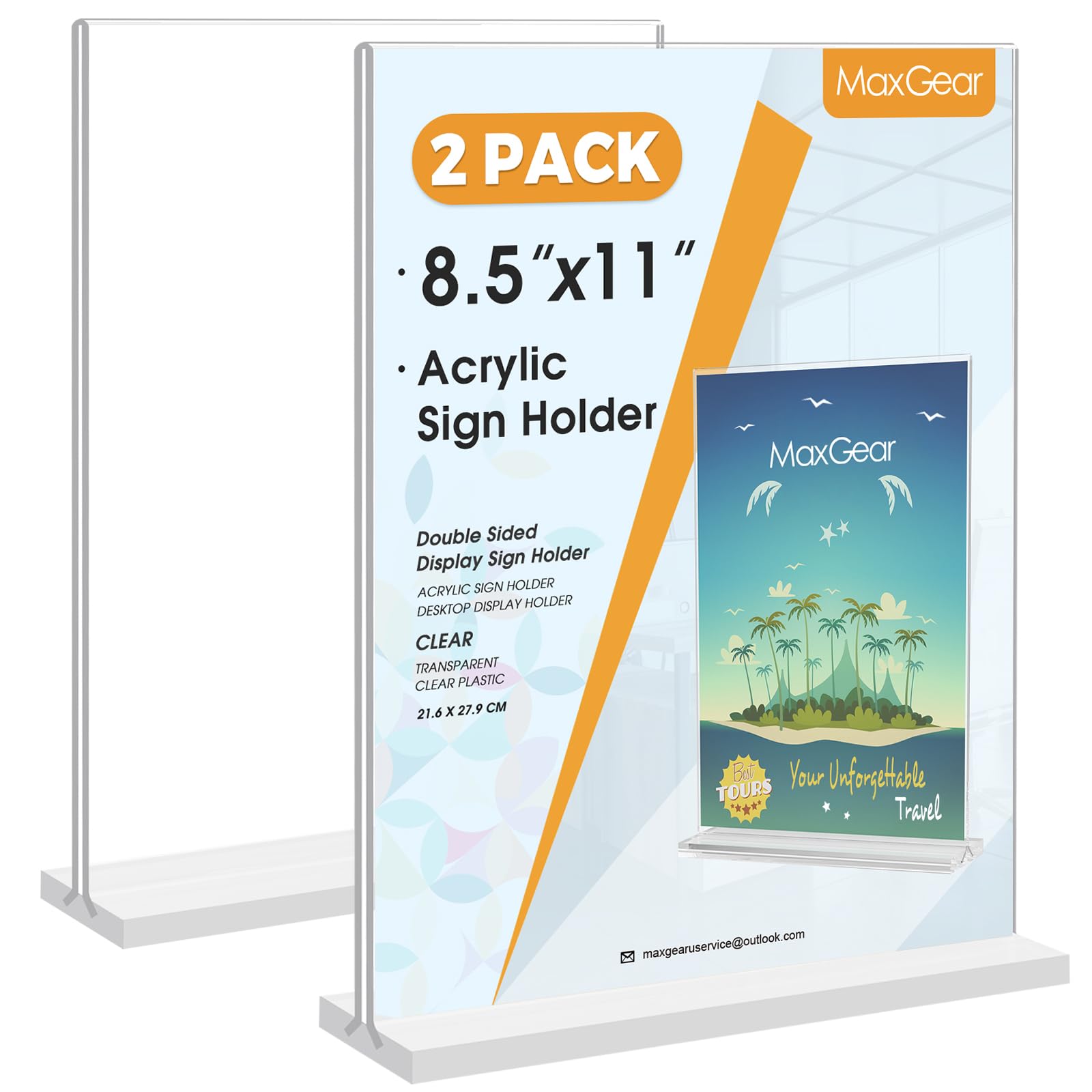 MaxGear Acryl-Schildhalter 8,5x11 Zoll, 2er-Pack, doppelseitiger klarer Display-Ständer, Tischpapierhalter, vertikaler Menü-Flyer-Ständer, Kunststoffrahmen für Geschäfte, Restaurants, Hotels, Büros