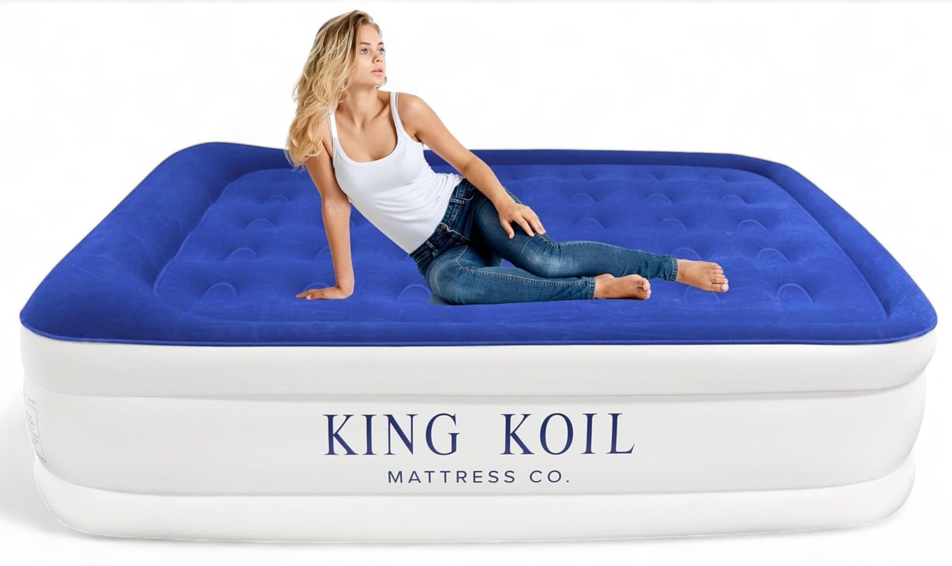 King Koil Pillow Top Plush Queen Air Mattress With Built-in High-Speed Pump Best For Home, Camping, Guests, 20" Queen Size Luxury Double Airbed Adjustable Blow Up Mattress, Waterproof, 1-Year Warranty