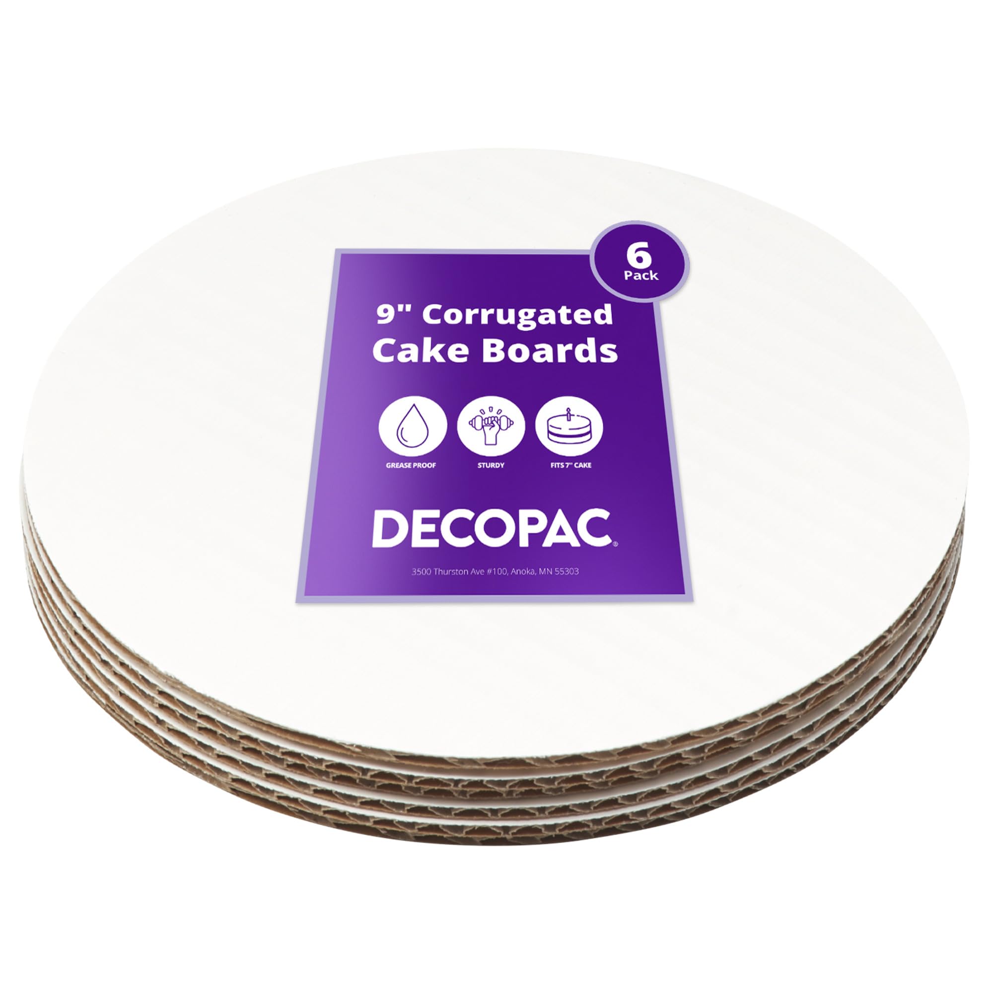 DecoPac Round Cake Board, Waxed Greaseproof finish, Sturdy Corrugated Cake Board, Pack of 6, White - 10 Inch
