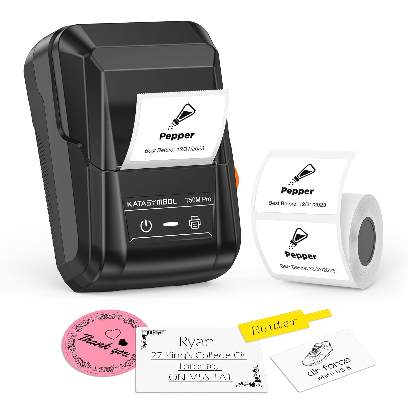SUPVAN T50M Pro Bluetooth Etikettendrucker mit Band, breites wasserfestes Etikett, vielseitige App mit 40 Schriftarten und 450+ Symbolen, tintenloser Etikettierer für Zuhause, Küche, Schule, Büroorganisation, Schwarz