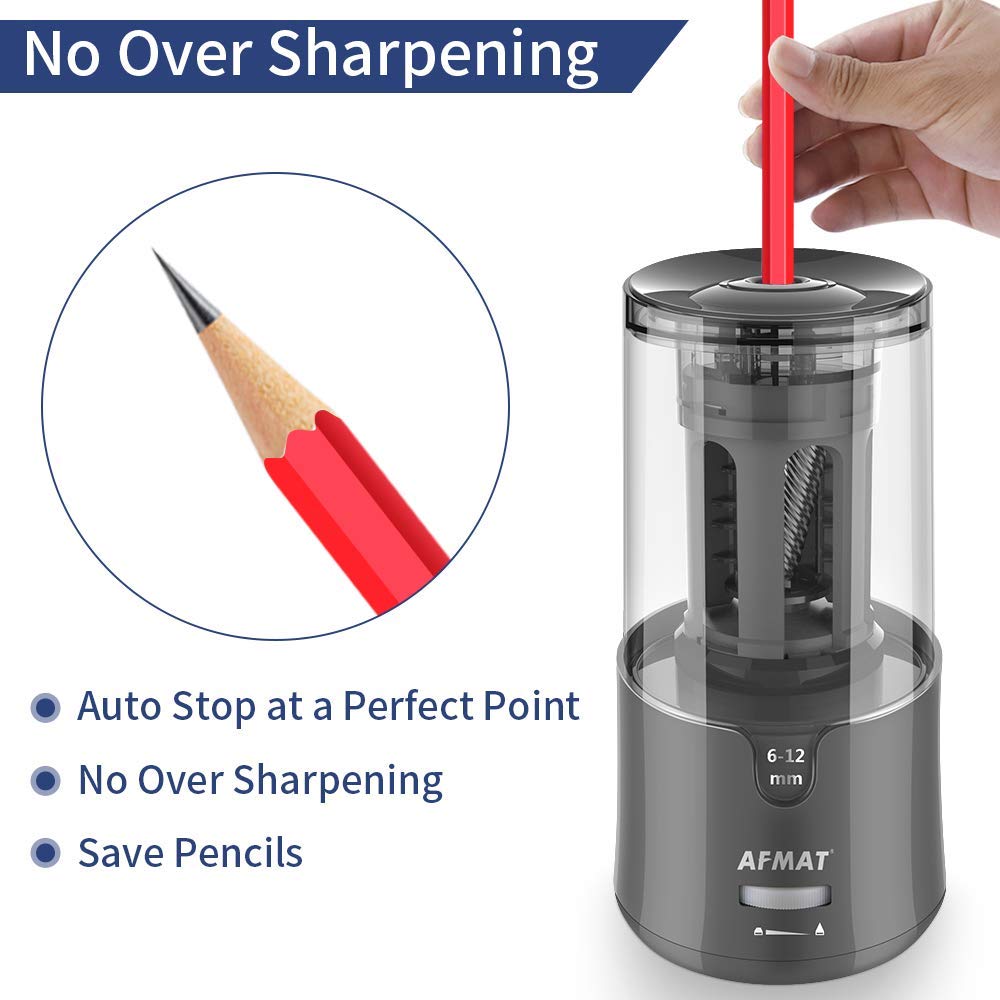 AFMAT Electric Pencil Sharpener, Pencil Sharpener for Colored Pencils, Auto Stop, Super Sharp & Fast, Electric Pencil Sharpener Plug in for 6-12mm No.2/Colored Pencils/Office/Home-Black