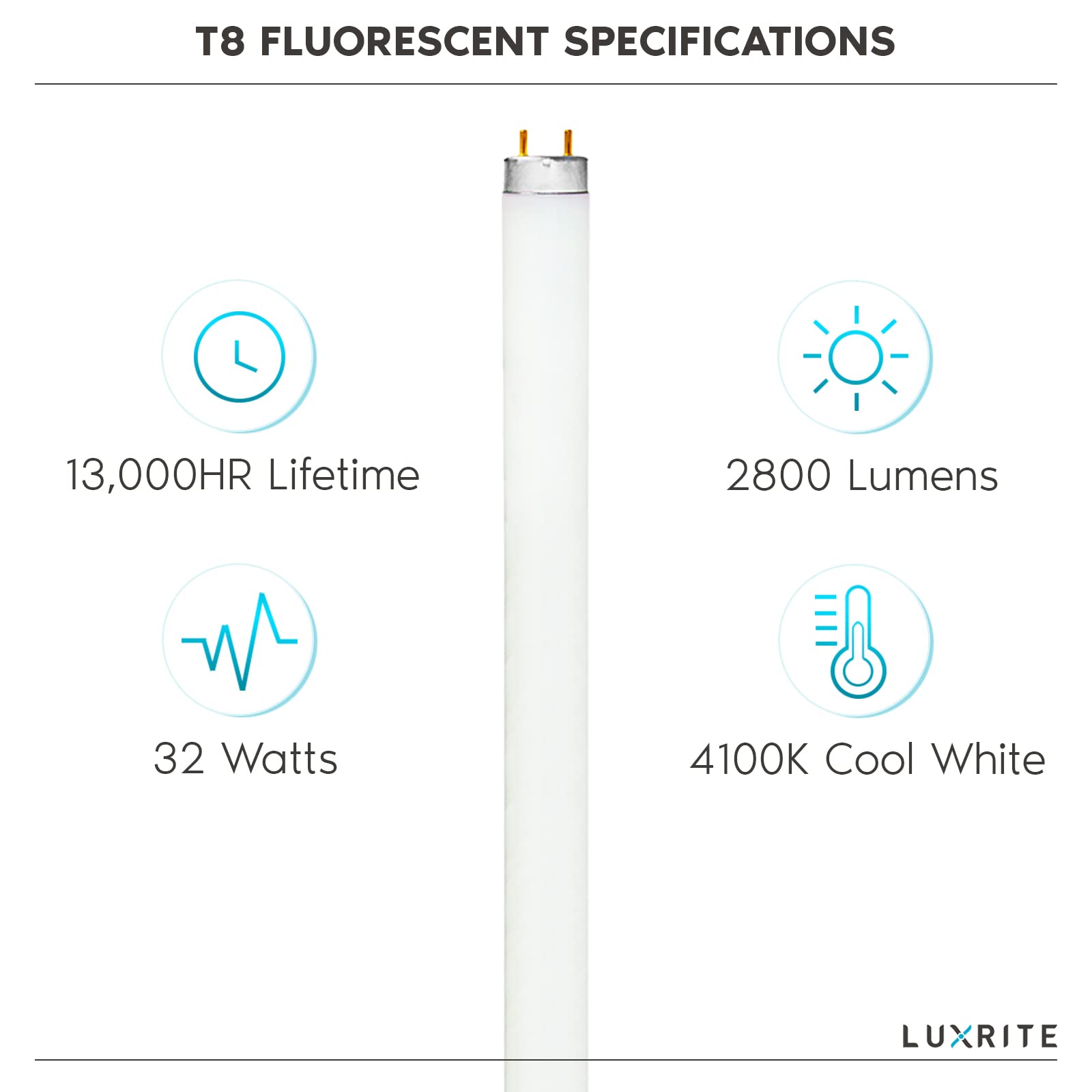 LUXRITE F32T8/841 T8 Fluorescent Tube Light Bulb (1" Diameter), 32W, 48 Inch, 4100K Cool White, 2800 Lumens, G13 Bi-Pin Base, (T8 Only, Not Compatible with T12 or LED Fixtures) - LR20732, 4-Pack