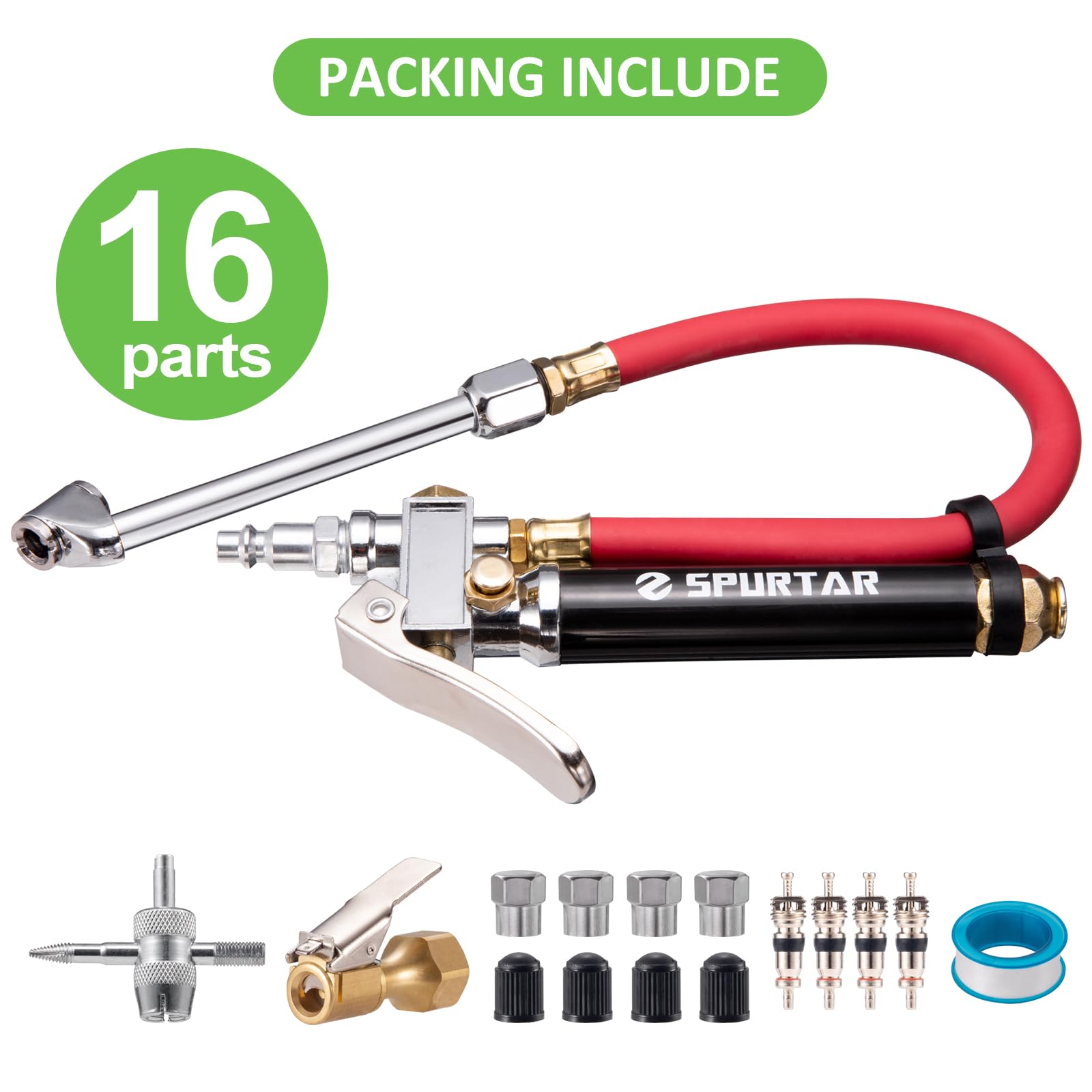 Spurtar 10-120 PSI Heavy Duty Tire Pressure Gauge with Inflator Air Chuck with Pressure Gauge with 4 Way Tool and Valve Cores Air Compressor Attachments Tire Inflator Nozzle for Car Automotive Truck