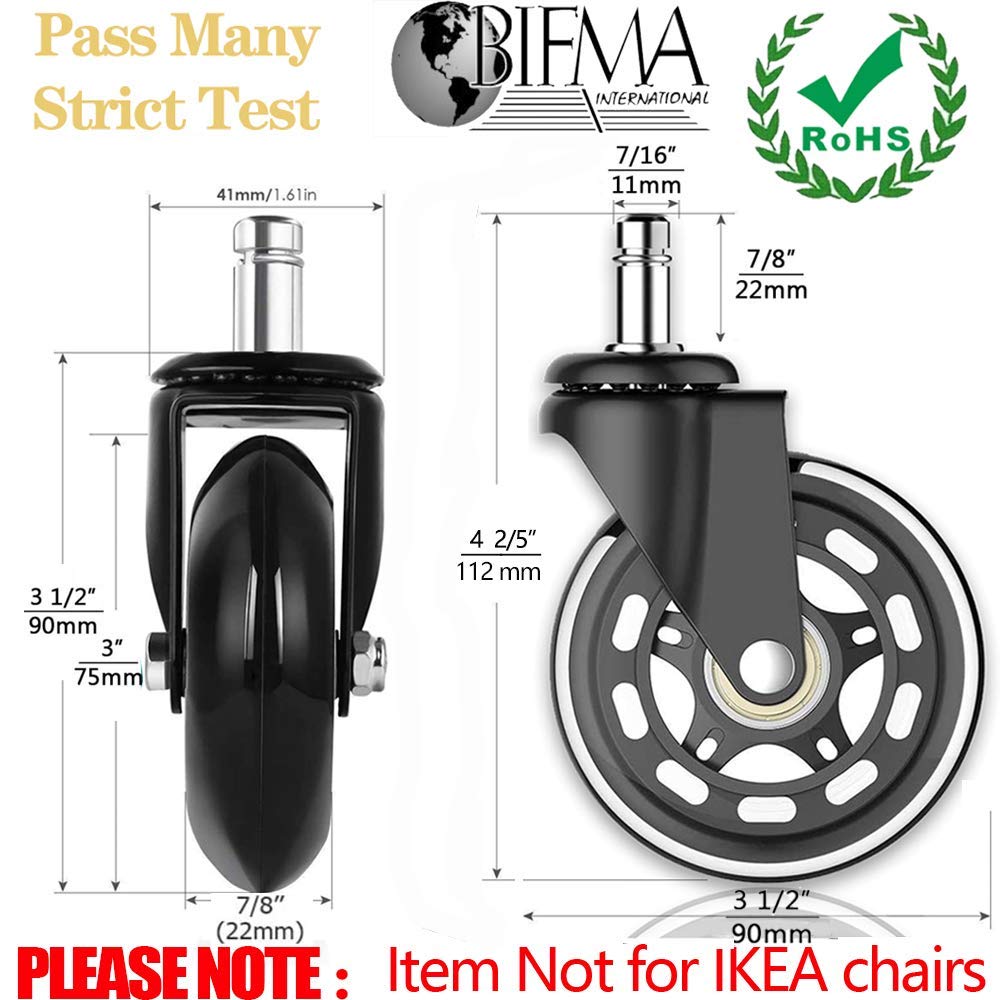 HOSALI 3 Inch Office Chair Wheels Rubber Chair Casters Replacement, Heavy-Duty Computer Gaming Desk Caster Wheel Smooth & Safe Rolling for All Floors Including Hardwood and Carpet, Set of 5