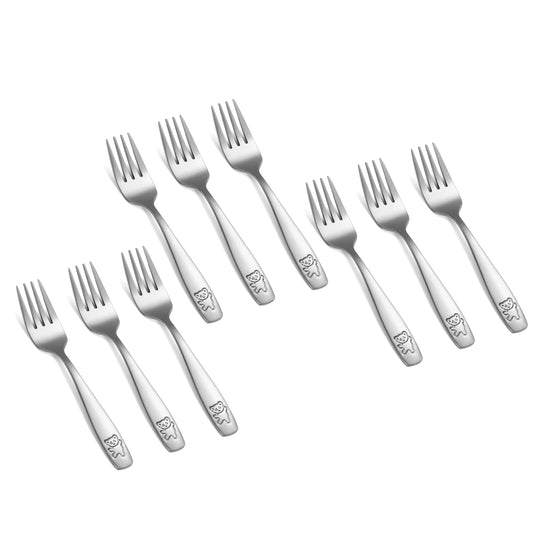 Pimoys 9 Pieces Toddler Forks Kids Forks, Kids Silverware Stainless Steel Childrens Safe Flatware Metal Baby Utensils Set Small Forks for Self Feeding, Dishwasher Safe