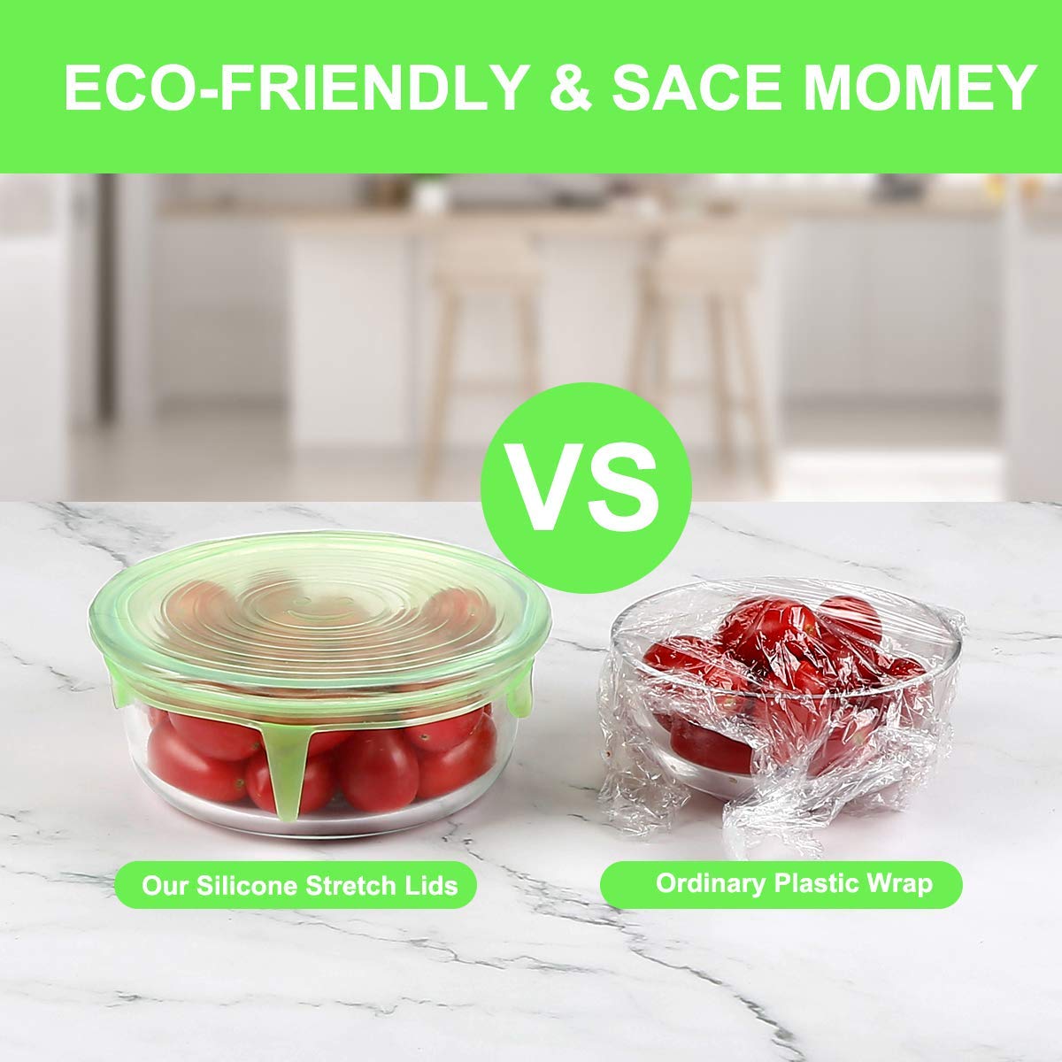 ONEGOL Silicone Stretch Lids, 12 Pack Silicone Lids, 6 Sizes BPA-free Silicone Bowl Covers Reusable for Cups, Bowls and Dish, Flexible, Round and Rectangle Fit 2.6” - 8.2” Container, Green & Blue