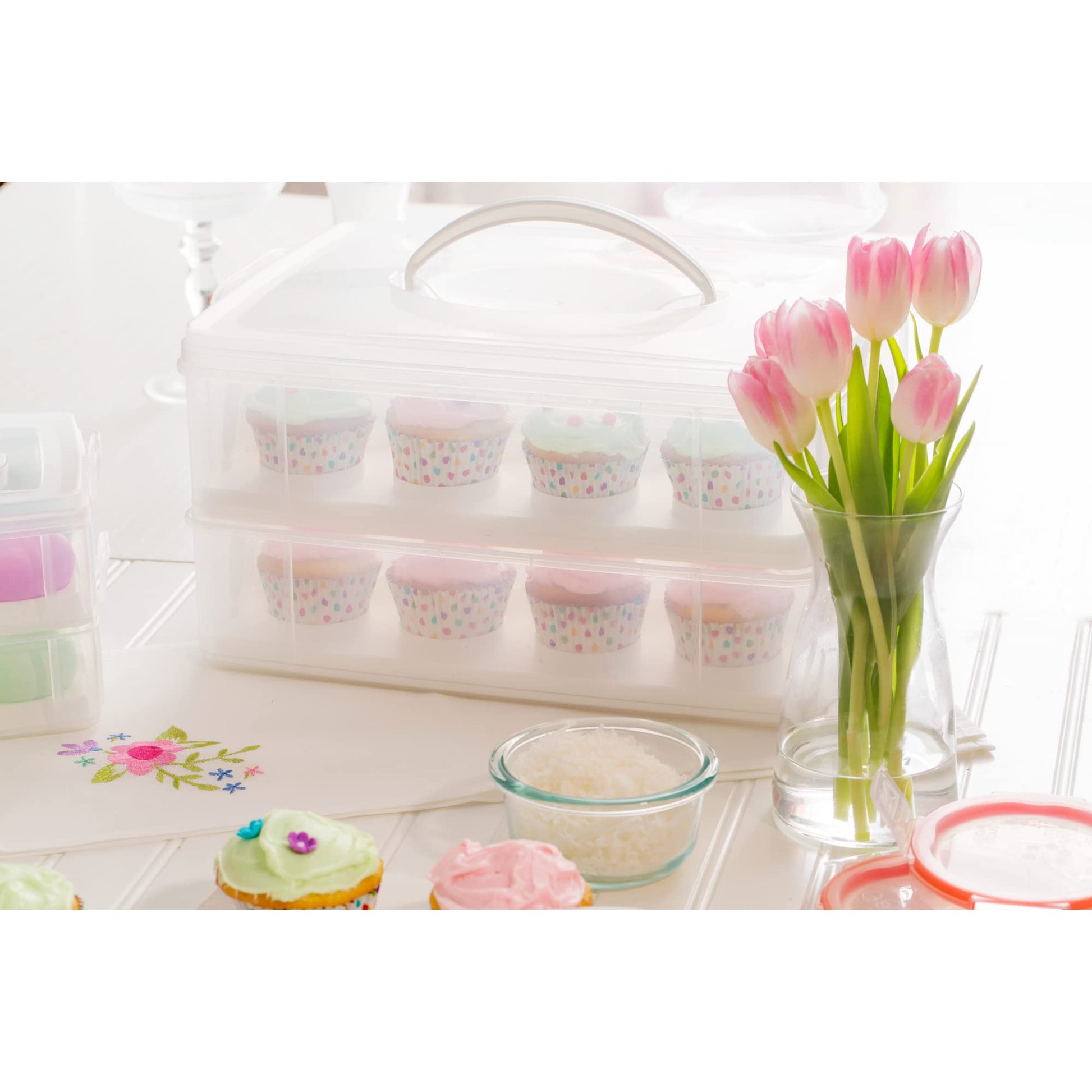 Snapware (2-Layer, 24 Cupcakes Plastic Detachable Cupcake Carrier Storage Container With Lid and Handle, Freezer Dishwasher Microwave Safe