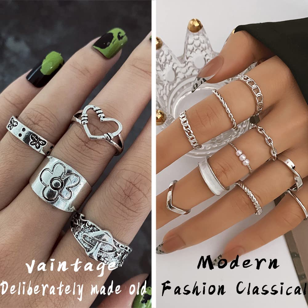 IFKM 36 Piece Silver Plated Jewelry Set - 3 Necklaces, 12 Bracelets, 7 Ear Cuffs, 14 Knuckle Rings for Women - Valentine, Anniversary, Birthday Gifts