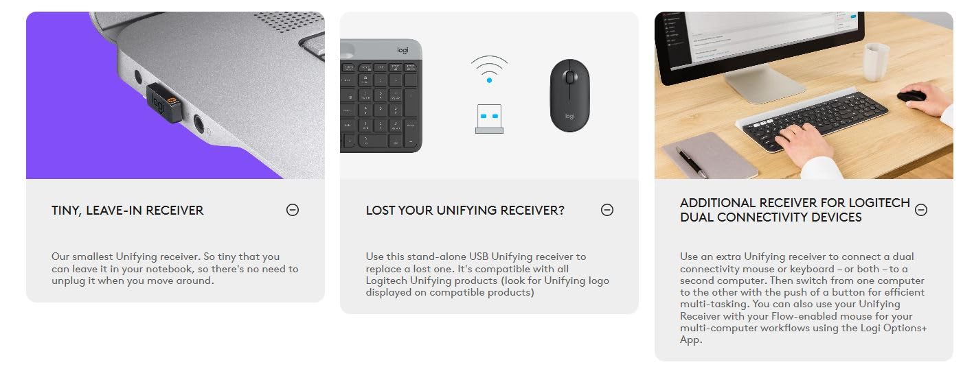 Logitech Unifying Receiver, 2.4 GHz Wireless Technology, USB Plug Compatible with all Logitech Unifying Devices like Wireless Mouse and Keyboard, PC / Mac / Laptop - Black