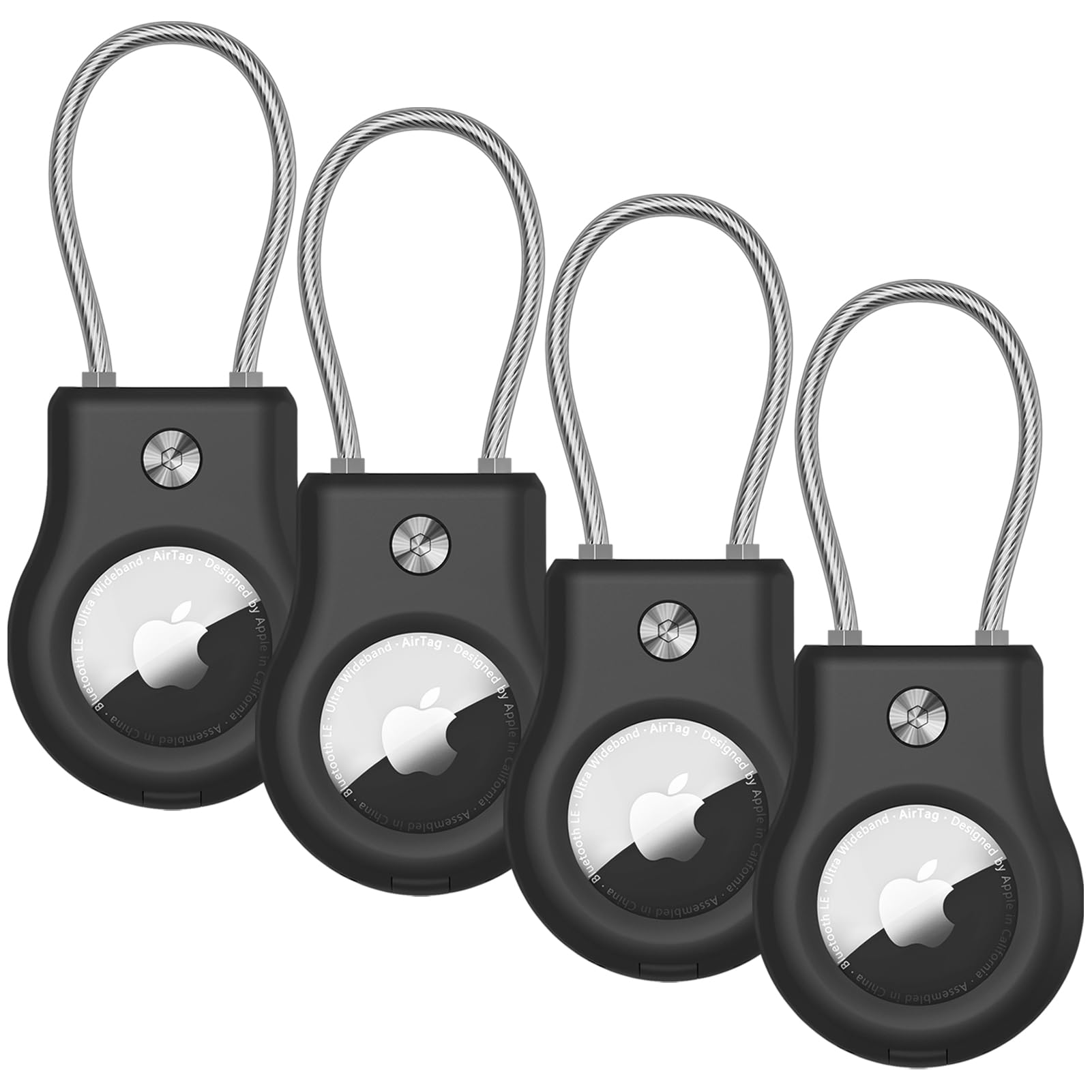 Fiuned AirTag Schlüsselanhänger Halterung – AirTag Schutzhülle mit Drahtkabel Kompatibel mit Apple AirTags, extrem robuste Anti-Verlust Schutzhülle mit Schlüsselring für Gepäck, Schlüssel, Rucksack, Haustier, Schwarz (4er-Pack)