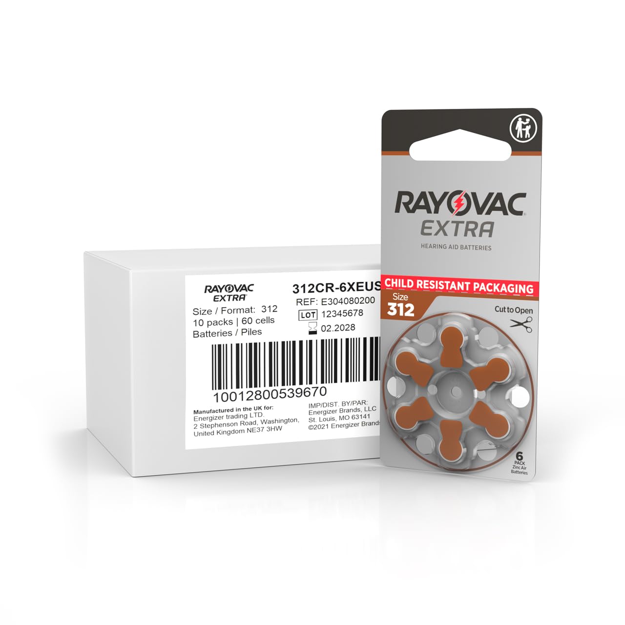 Rayovac Extra hearing aid batteries size 312. Long-lasting mercury-free zinc-air hearing aid batteries - 1.45v. (60 batteries)