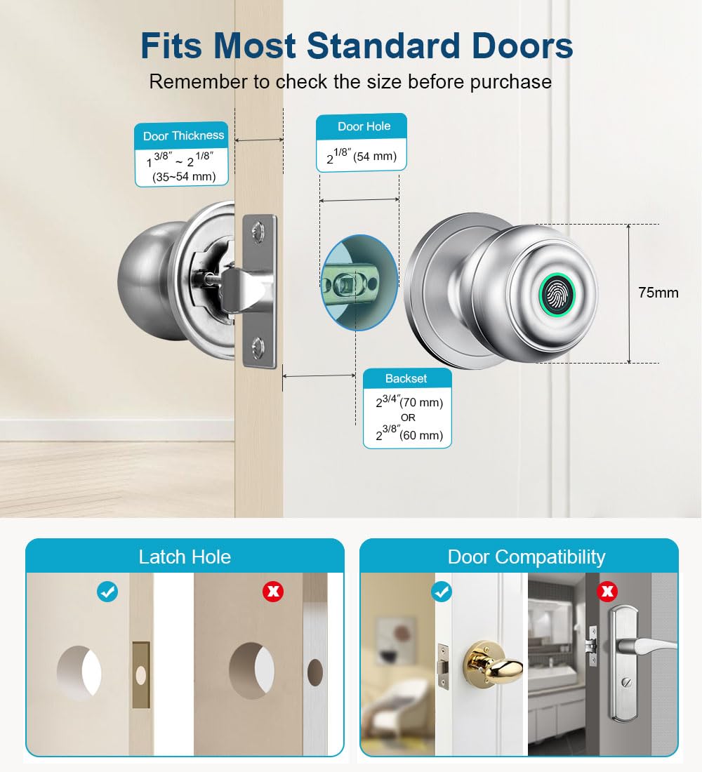 KLLOQUE Fingerprint Door Lock, Smart Fingerprint Door Knob with Lock, Biometric Door Locks with App Control & Key, Keyless Thumbprint Entry Door Locks for Bedroom, Front Door, Home, Apartment-Silver