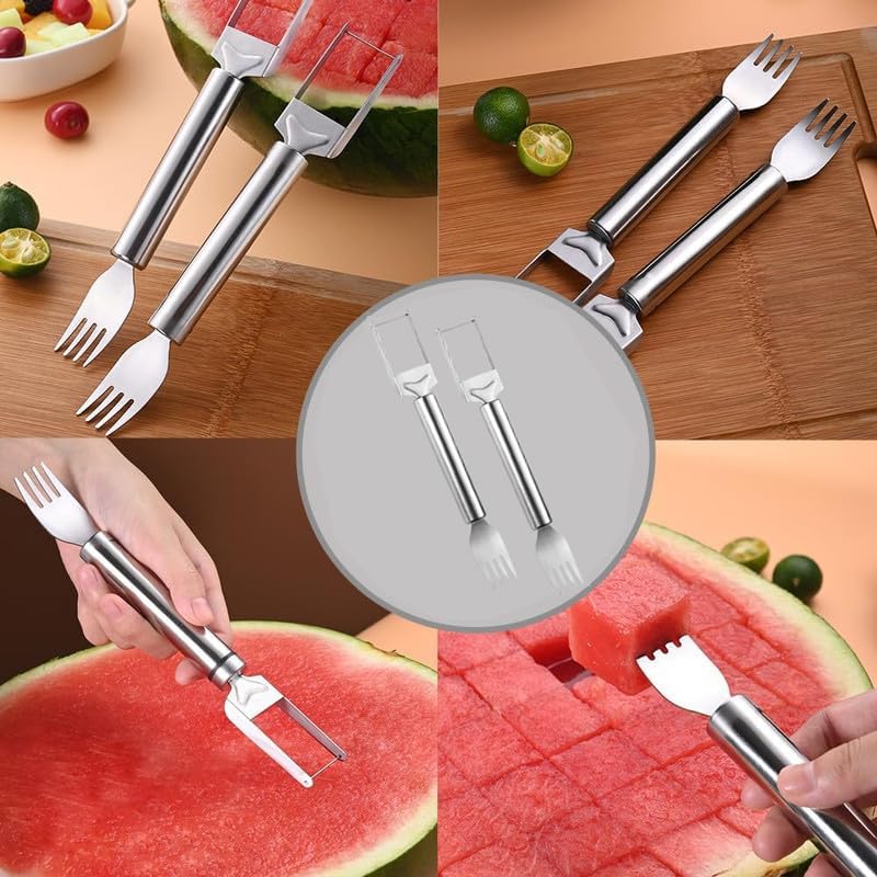 2-in-1 Stainless Steel Fruit Cutter, Watermelon Cutter, Stainless Steel Watermelon Fork Slicer, Watermelon Cutter Slicer Tool Fruit Forks Slicer Knife Kitchen Gadgets for Family Parties Camping (B)