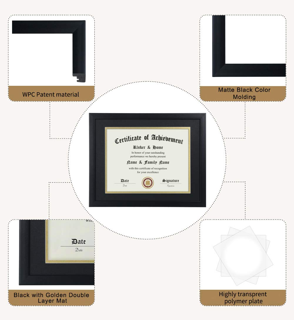 ELSKER&HOME 8.5x11 Certificate Frame - Classic Black Color Frame - Displays Diploma 8.5x11 Inch with Mat - 11x14 Inch Without Mat - For Document/Photo(Double Mat - Matte Black with Gold Rim)