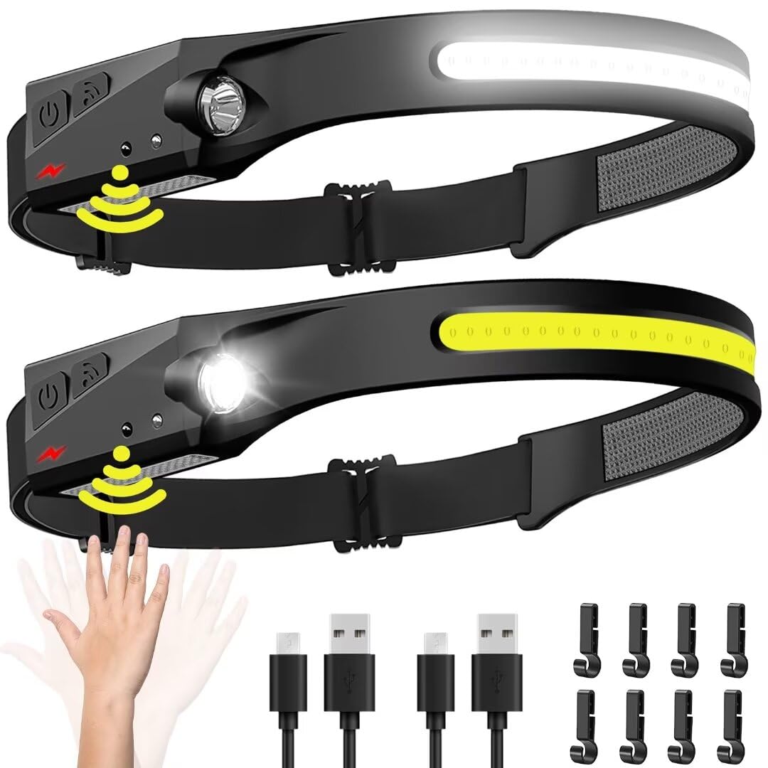 Stirnlampe Wiederaufladbar 2 Stk., 230 Grad Weitwinkel-Stirnlampe LED mit Bewegungssensor für Erwachsene – Camping Zubehör Ausrüstung, Wasserdichte Kopflampe Taschenlampe zum Wandern, Laufen, Reparieren, Angeln, Radfahren