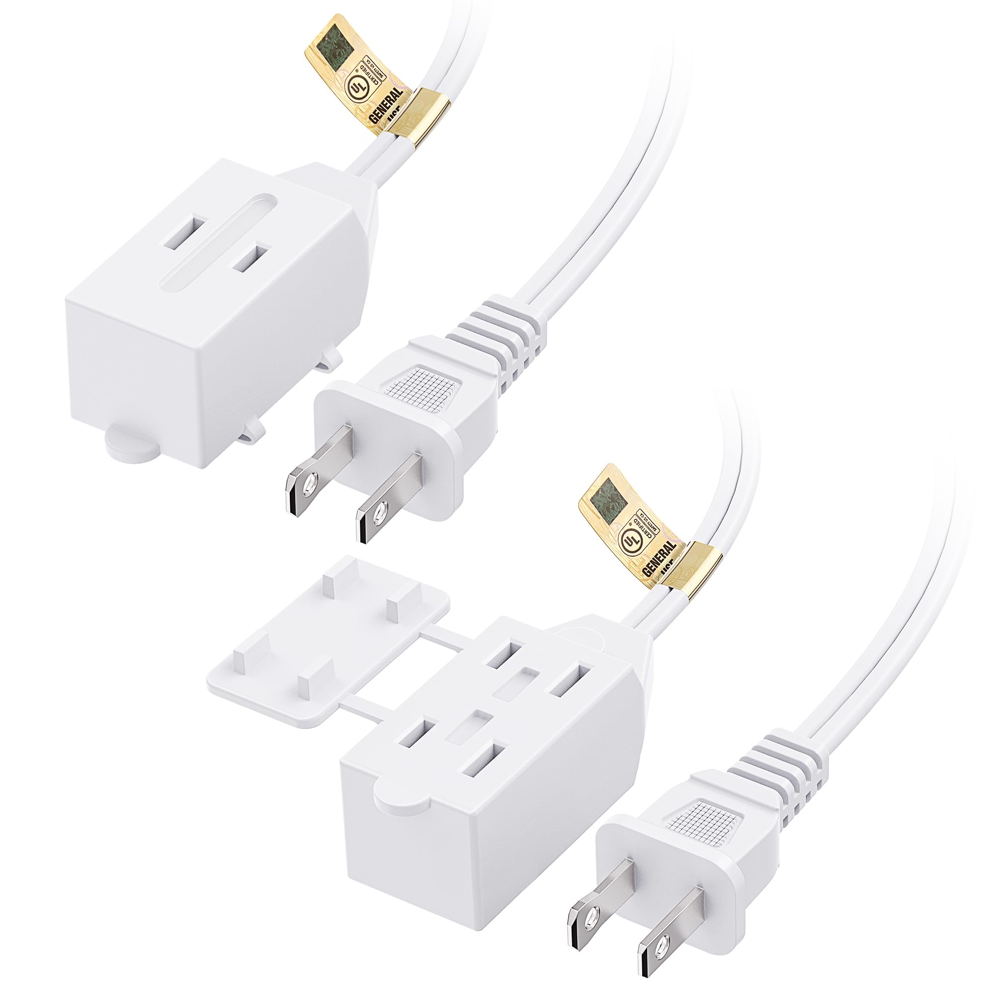 [UL Listed] Cable Matters 2-Pack 16 AWG 2 Prong Extension Cord 6 ft, 13A 3-Outlet Extension Cords with Tamper Guard, 13 Amp, 1625 Watts, White
