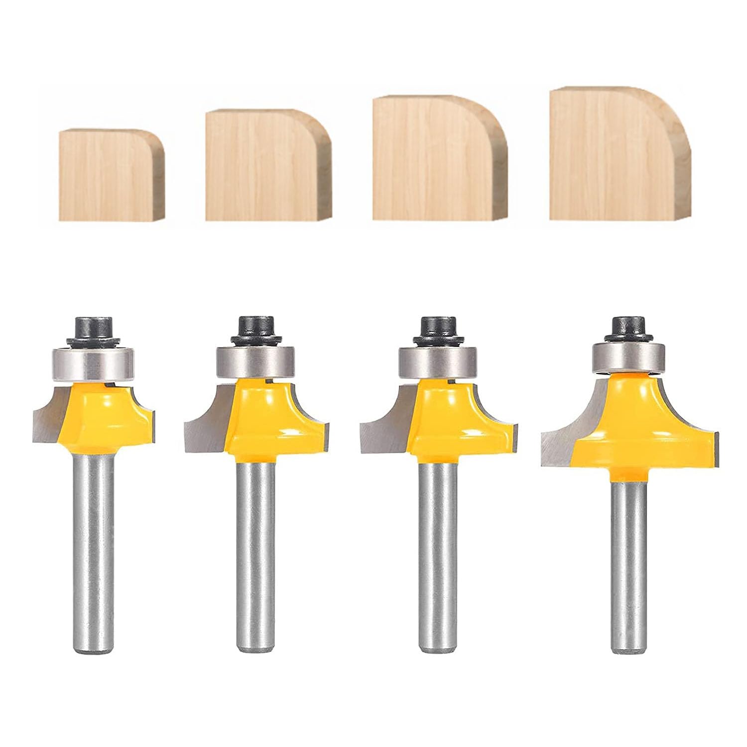 مجموعة ريشة راوتر TOTOWOOD لتقريب الحواف، 4 قطع، ساق 1/4 بوصة، أنصاف أقطار 1/8، 1/4، 3/16، 5/16 بوصة، دليل محمل لريشة تقريب الحواف