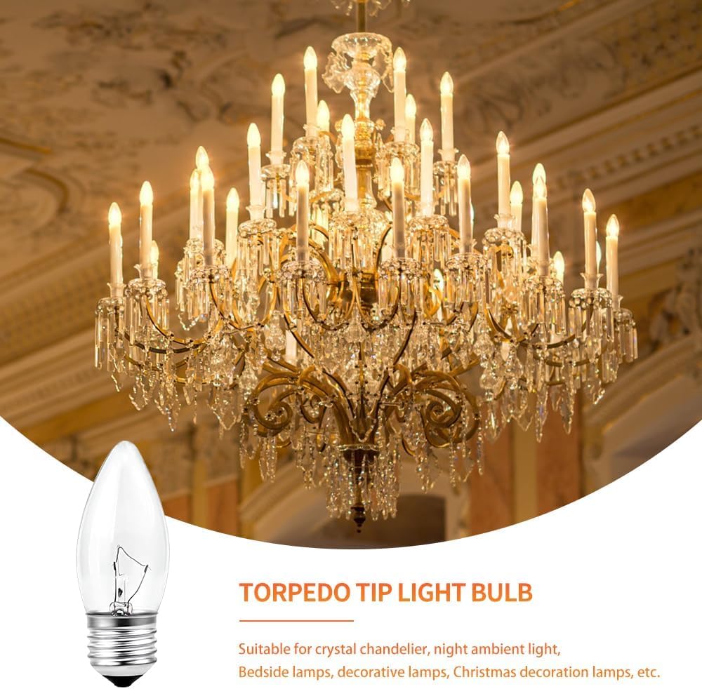 SCOMX 40W Incandescent Equivalent Energy Torpedo Tip Chandelier with Crystal Clear Incandescent Light Bulbs Tip Light Bulb and Medium E26 Candelabra Base (6)