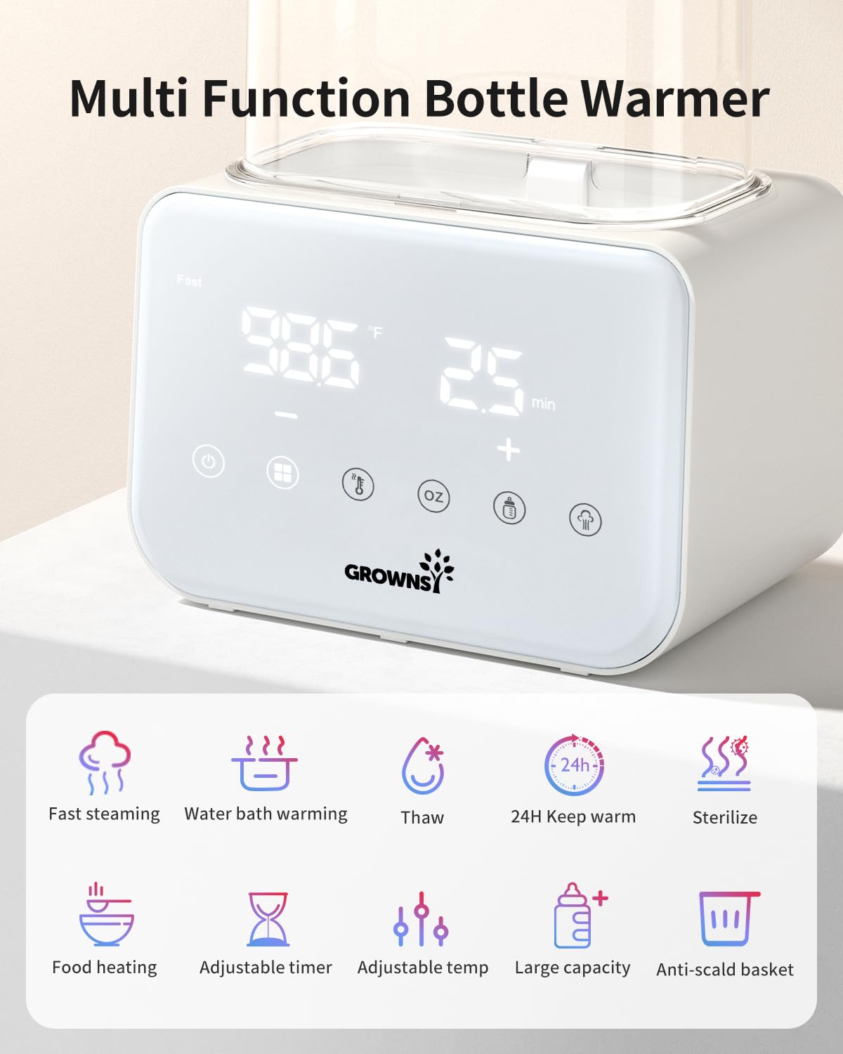 Baby Bottle Warmer, Grownsy 10-in-1 Fast Bottle Warmer Accurate Temp Control, with LCD Display, Timer, Defrost, Sterili-zing, Keep 24H, Double Bottle Warmer for Breastmilk& Formula, Heat Baby Food