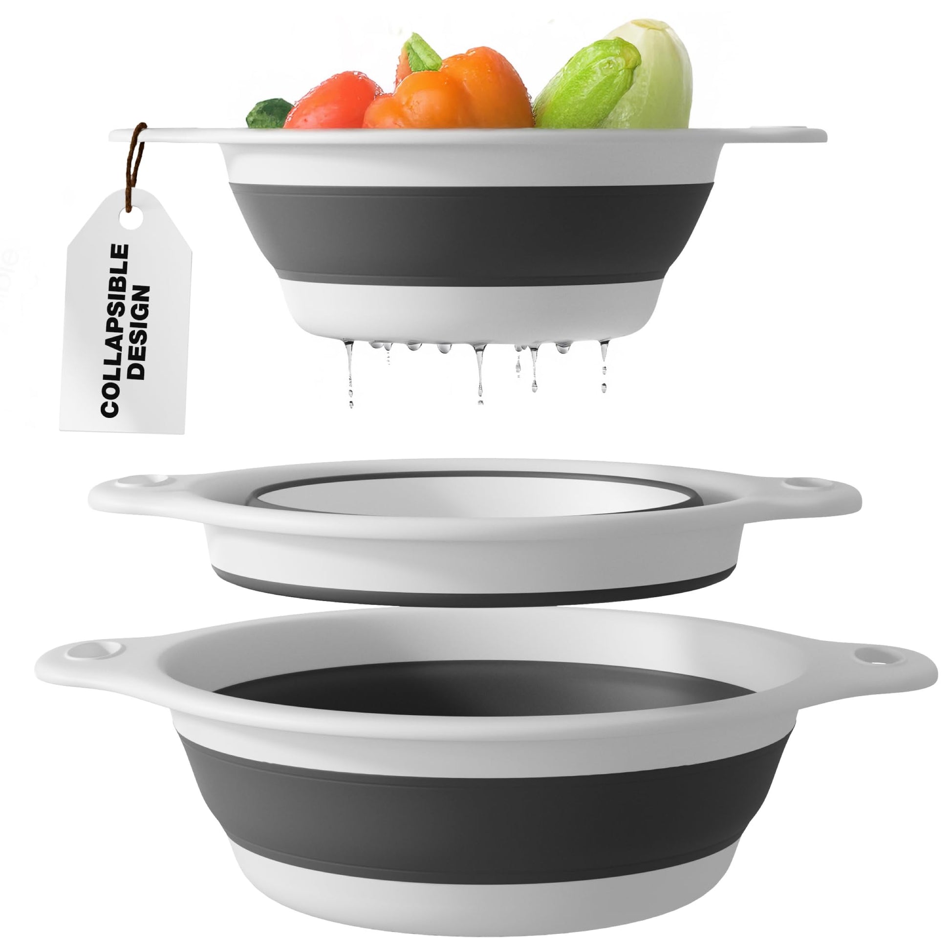 Gevoli Collapsible Colanders (3 Pack Set) Food Strainers with Over-Sink Water Draining Base for Pasta Fruits and Vegetables, White (3 Sizes, 3QT, 4QT and 5 Quart)