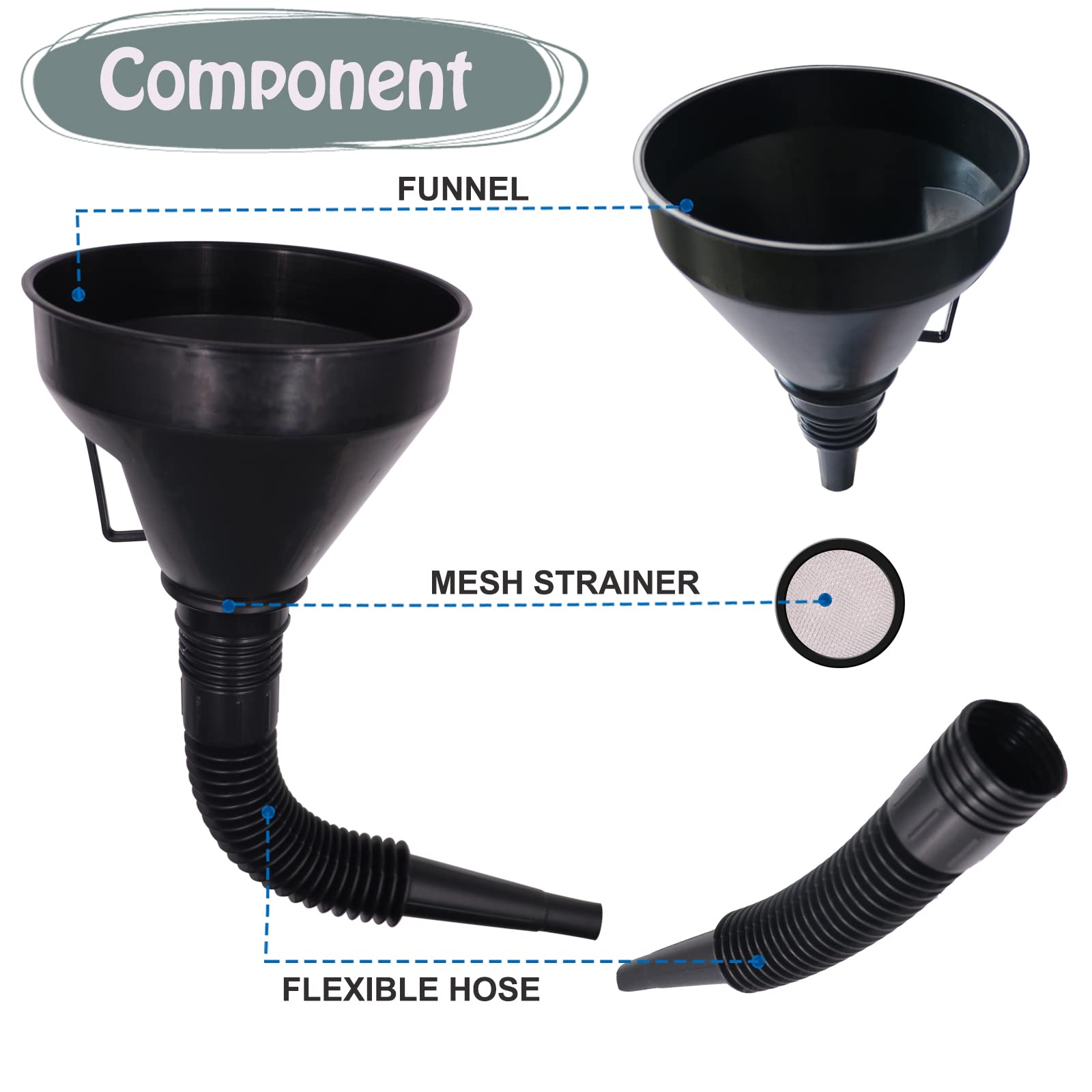 Plastic Oil Funnels for Automotive Use Set of 5, Large Flexible Fuel Funnel with Hose for Gas Transfer, Gasoline Funnels for Cars Boat Canning and Bottle