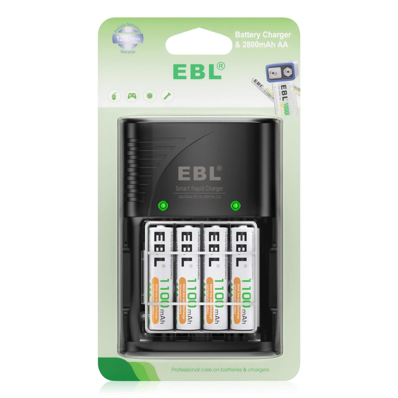 EBL Rechargeable AA Batteries 4 Pack, Precharged Double A Battery 2800mAh and AA AAA Battery Charger with Foldable Wall Plug
