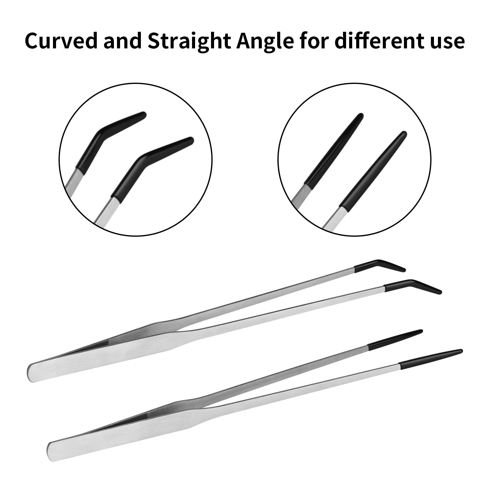 Novery 2PCS Stainless Steel Reptile Feeding Tongs with Rubber Tip, 10.6” Straight & Curved Long Tweezers for Aquarium or Craft, Bearded Dragon Tank Snakes Enclosure Accessories, Terrarium Supplies