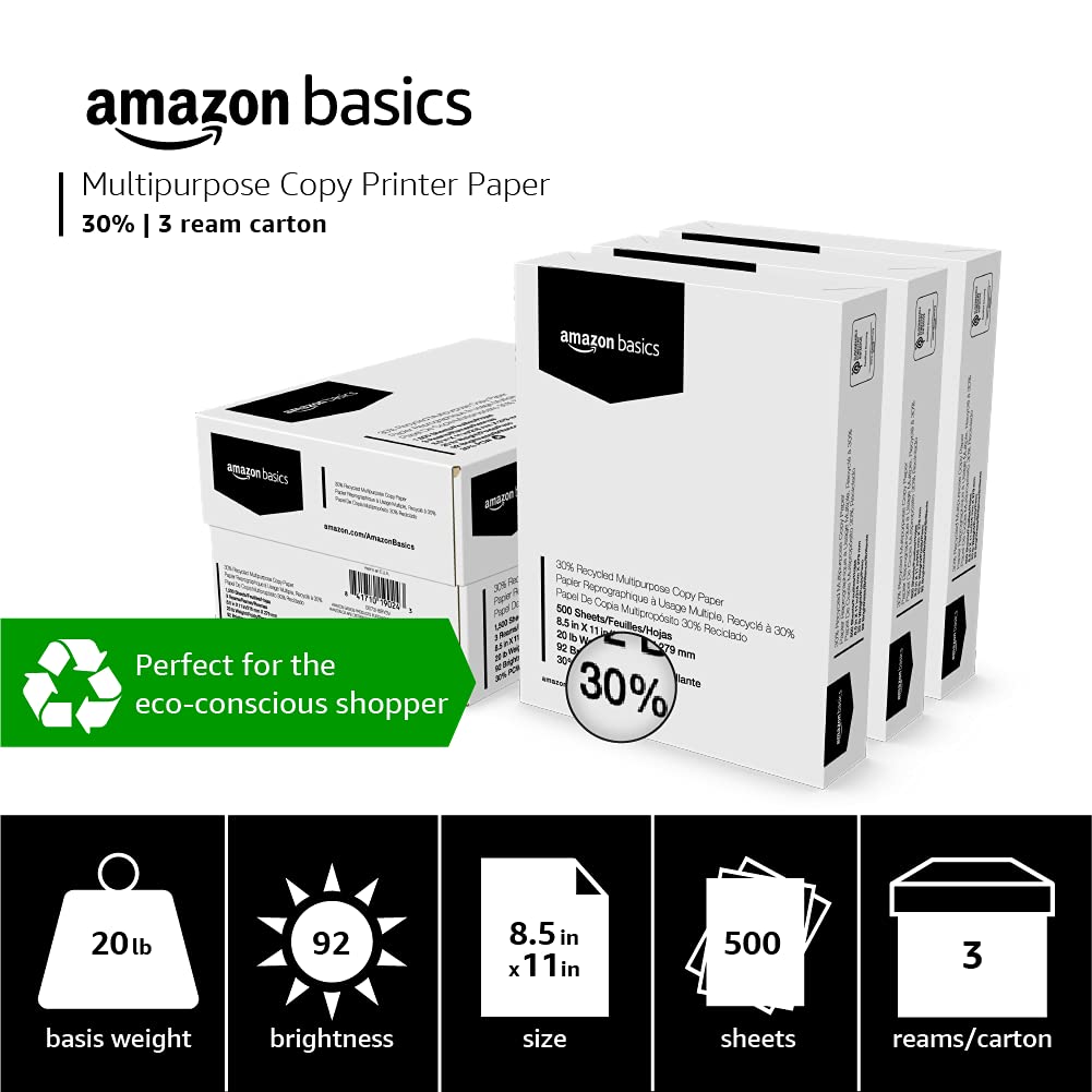 Amazon Basics 30% Recycled Multipurpose Copy Printer Paper, 8.5" x 11", 3 Reams, 1500 Count (Sheets), White