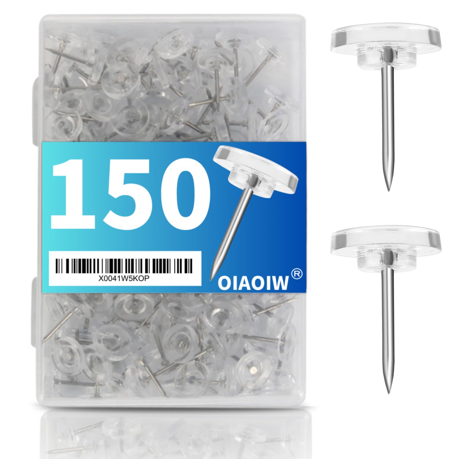 150 PCS Clear Push Pins Tacks Count in Reusable Box for Bulletin Boards and Wall Displays Heavy Duty Plastic Head