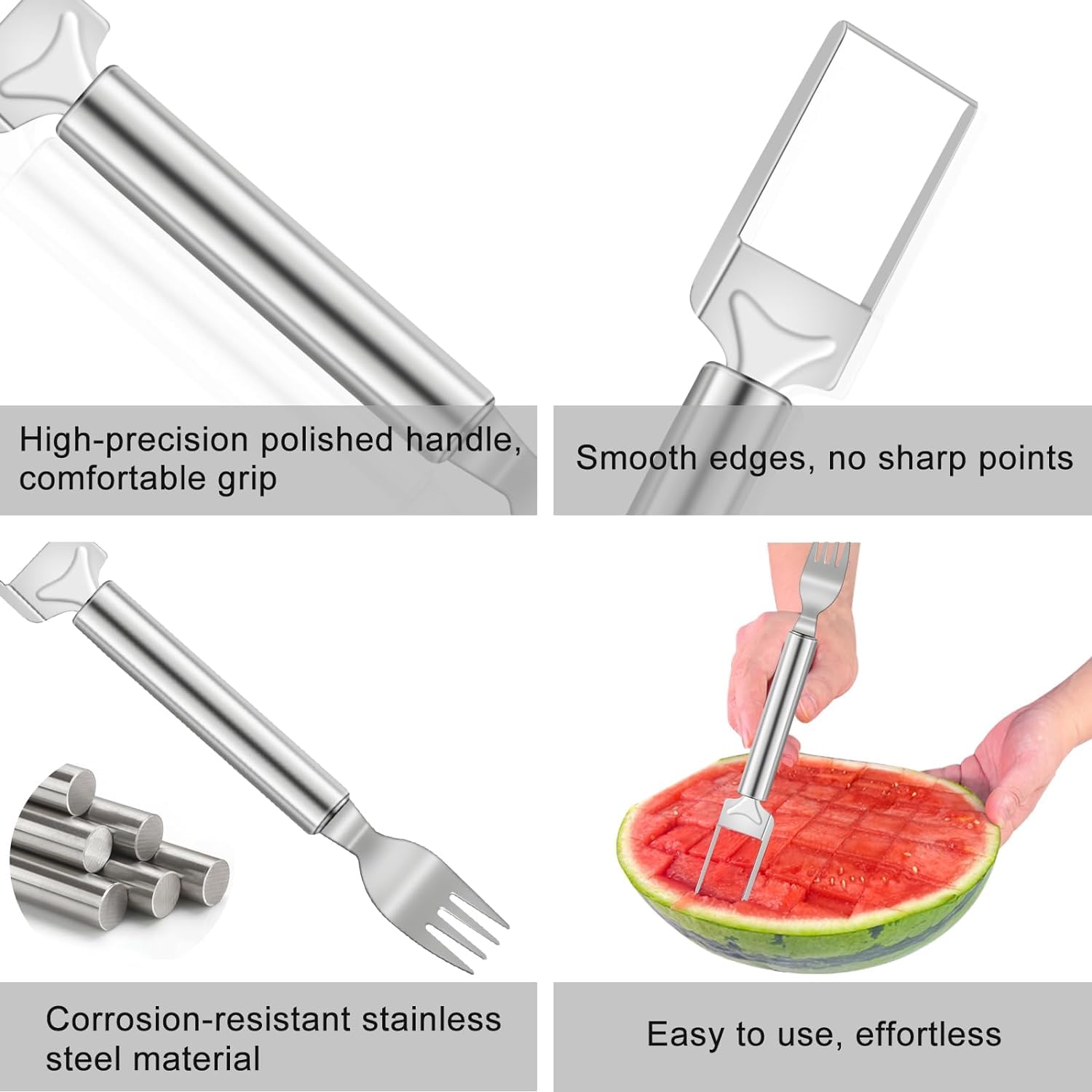 2Pcs Watermelon Cutter Slicer Tool, Stainless Steel 2-in-1 Watermelon Fork Slicer, Portable Watermelon Fork Watermelon Cutter Slicer Tool Fruit Forks Slicer for Home Party Camping Kitchen (2, Silver)