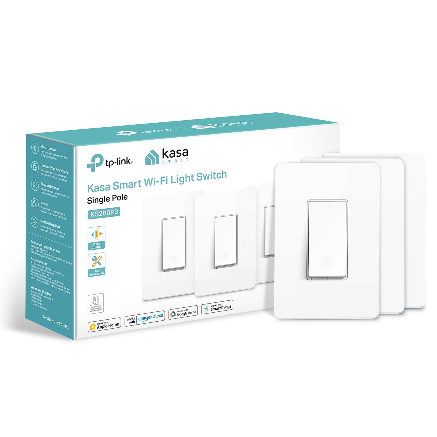 Kasa Apple HomeKit Smart Light Switch KS200, Single Pole, Neutral Wire Required, 2.4GHz Wi-Fi Light Switch Works with Siri, Alexa and Google Home, UL Certified, No Hub Required, White