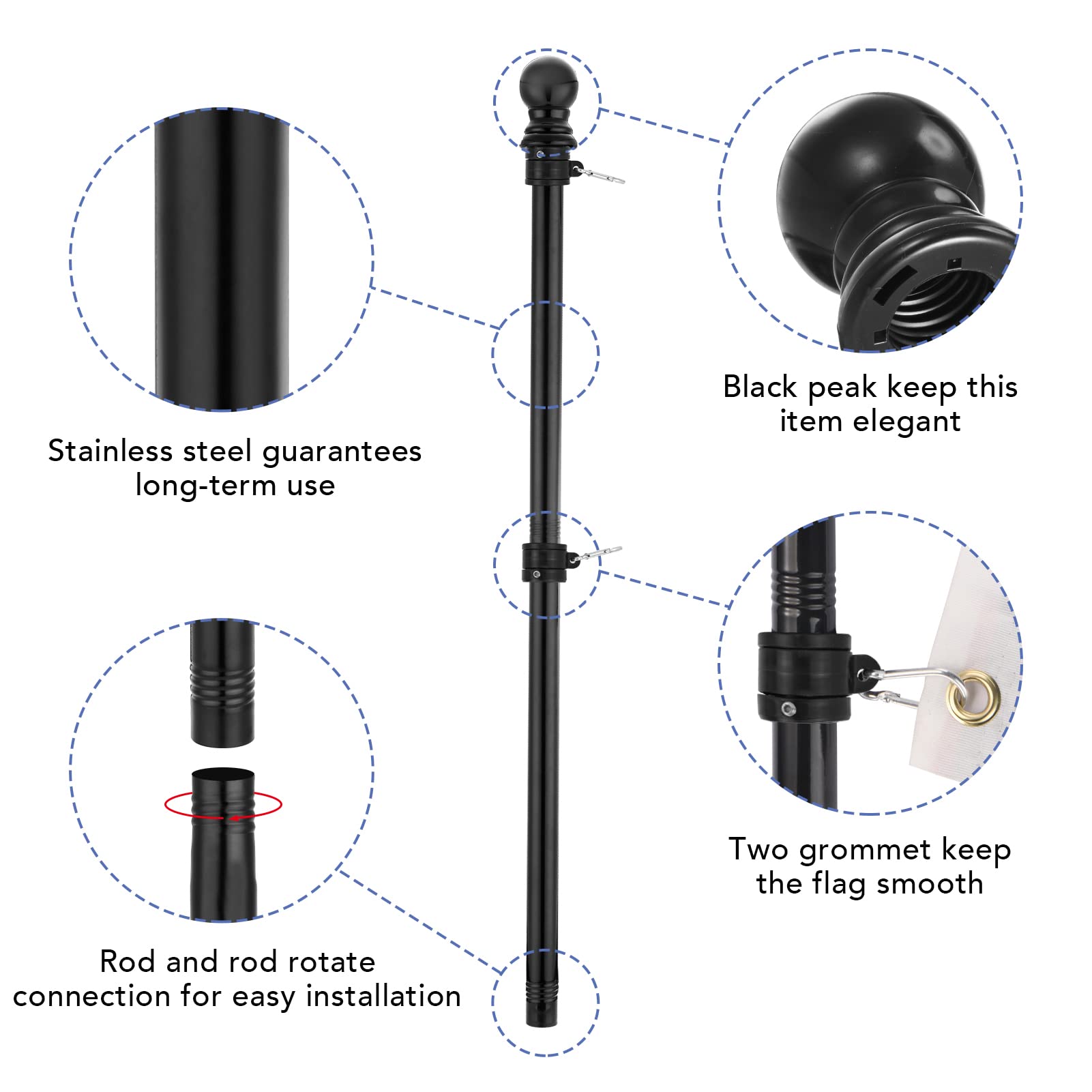 Yeesun Flag Pole,6FT American Flag Pole & Bracket-Flagpoles for 3 x 5 Flags Holder for House Porch & Outdoor,Tangle Free and Wall Mount Flag Pole Kit (Without flag,Black)