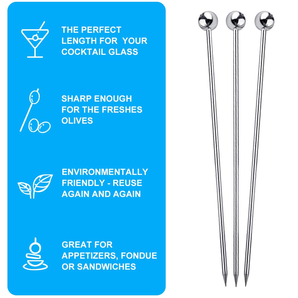 15PCS Cocktail Picks for Drinks, Stainless Steel Cocktail Toothpicks, Reusable Cocktail Skewers, Garnish Picks Bloody Mary Skewers, Metal Martini Picks for Olives Appetizers Fruit (4.3 Inch)