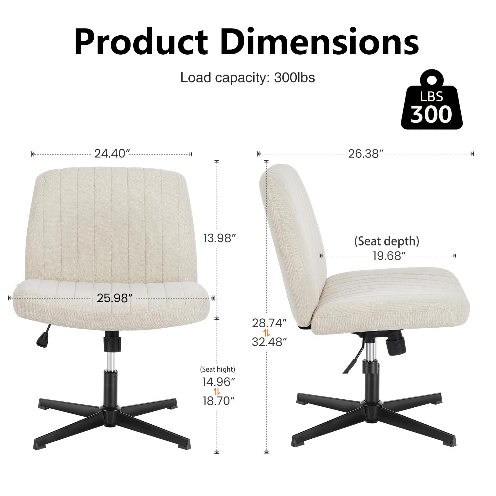 DUMOS Criss Cross Chair Legged Office Wide Comfy Desk Seat, No Wheels Armless Computer Task Seating, Swivel Comfy Vanity Fabric Modern Home Height Adjustable