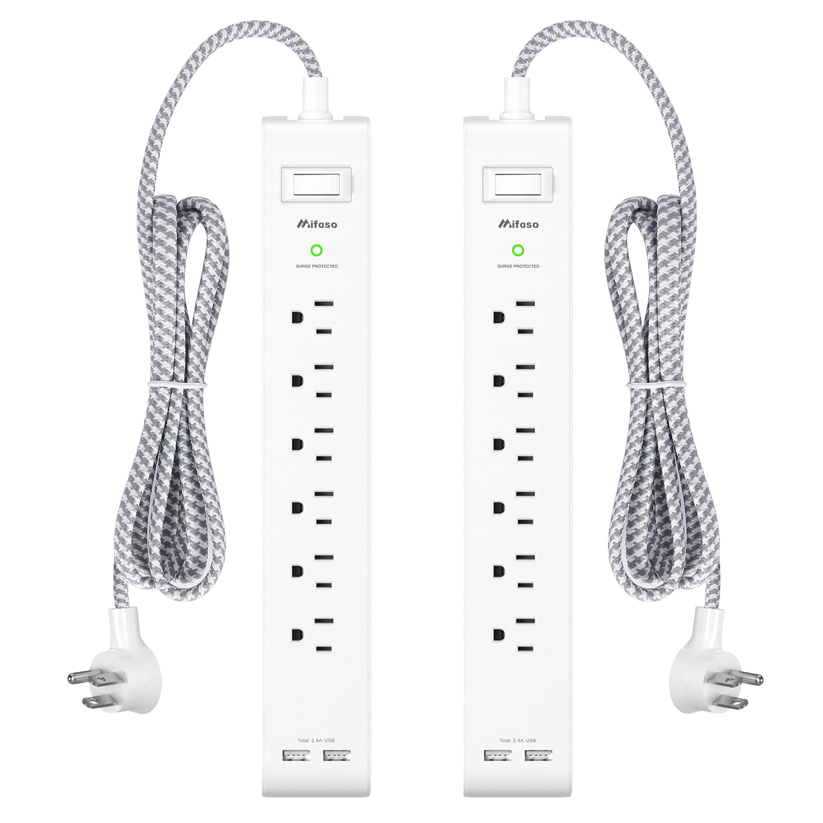 2 Pack Power Strip Surge Protector - 6 Outlets 2 USB Ports 5Ft Long Extension Cords, Flat Plug Overload Protection Outlet Strip, 900 Joules, Wall Mount for Home, Office and Dorm Essential, ETL Listed