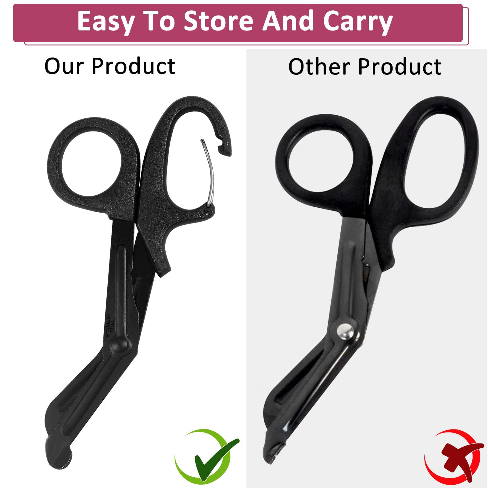 2 Pack Trauma Shears, 5.8 Inch Stainless Steel Medical Scissors, Bandage Scissors with Carabiner, Nursing Scissors Surgical Scissors for Nurses, Doctors, Nursing Students, EMT and EMS(Black+Burgundy)