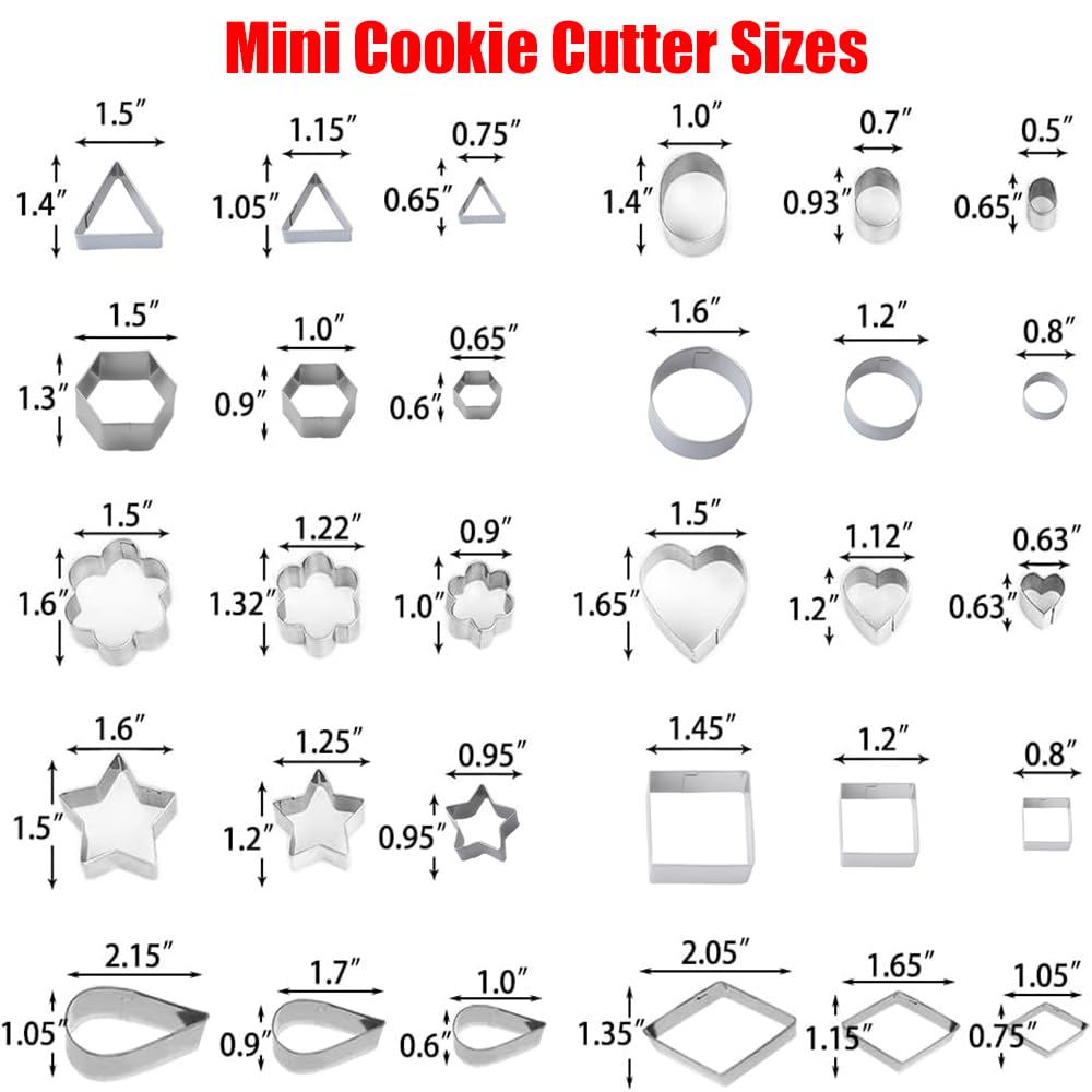 30Pcs Mini Cookie Cutter Set with Box, Small Stainless Steel Fruit Veggie Tiny Polymer Clay Cutters for Kids, Geometric Set for Biscuit Mold