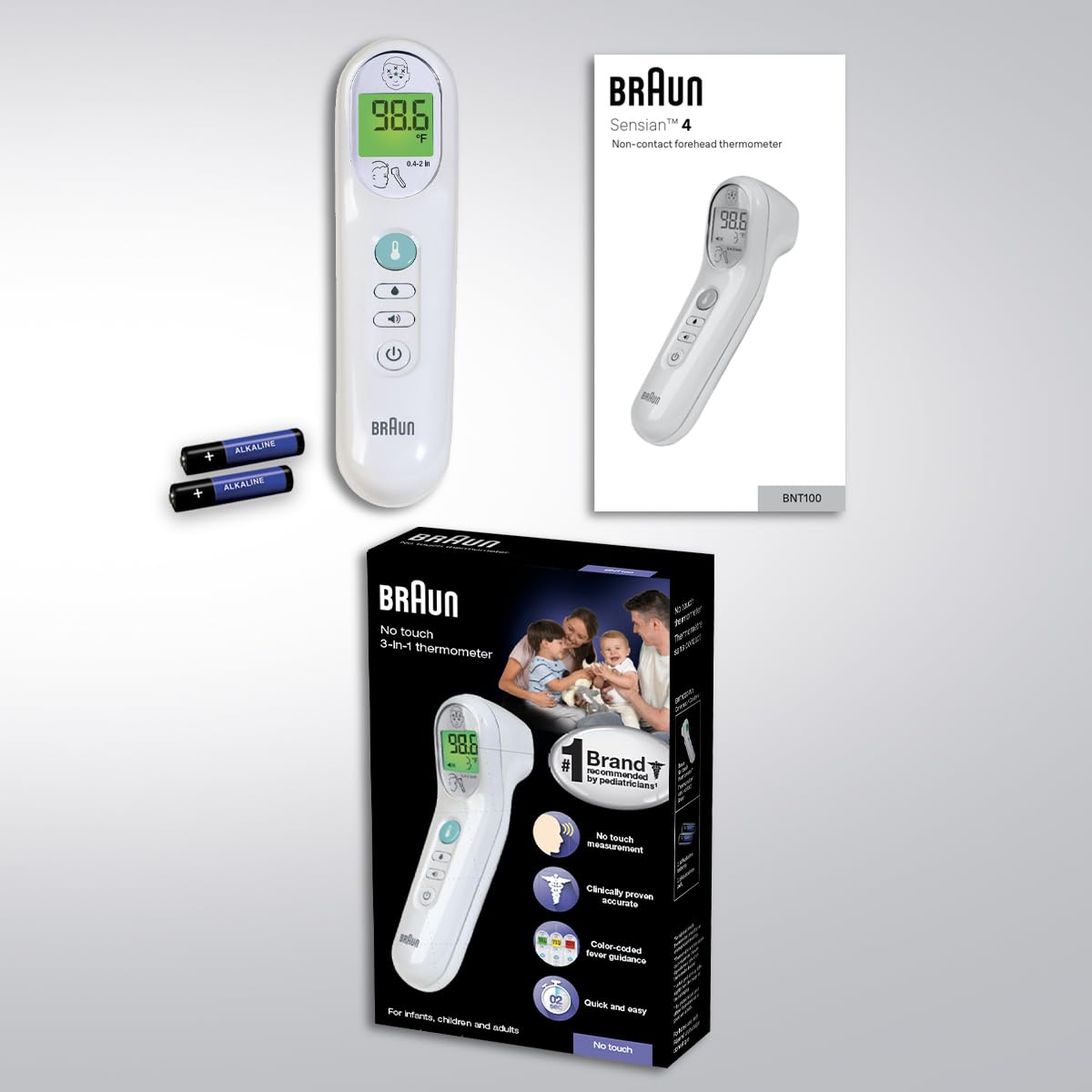 Braun No Touch 3-in-1 Thermometer, Measures Forehead, Liquid and Food Temps, Professional Accuracy and Color Coded Fever Guidance for Babies, Kids, Toddlers and Adults, FSA and HSA Eligible