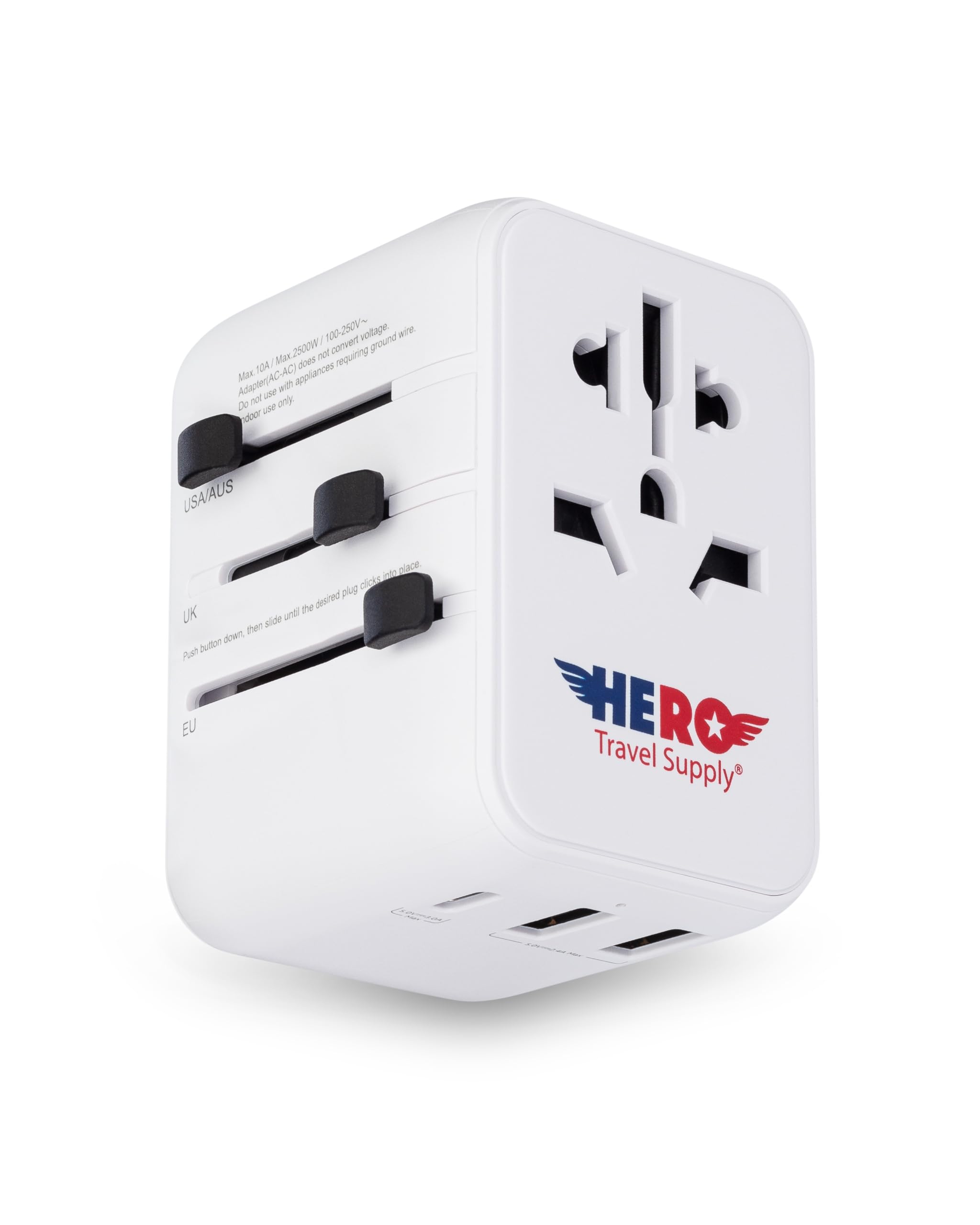 Hero Universal Reiseadapter - Netzstecker für USA Europa Frankreich Großbritannien Irland Thailand Neuseeland Australien 100+ Länder | 2 USB-A & 1 USB-C