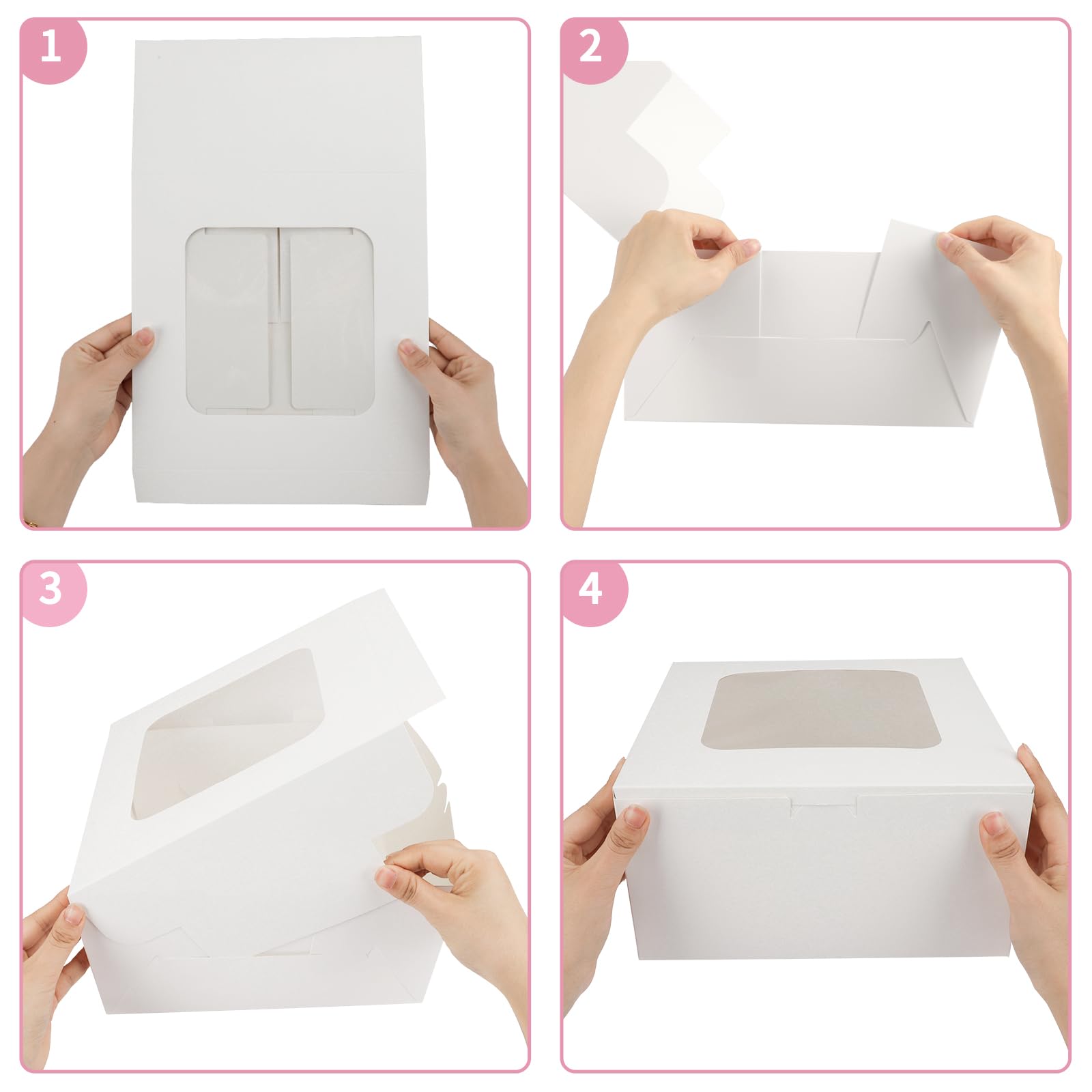 Moretoes 24pcs Cake Boxes, 10x10x5 Inches White Square Bakery Boxes with Window Cajas Pasteles for Cake, Mother's Day, Pastries, Chocolates, Cookies, Pie, Birthday Party, Wedding