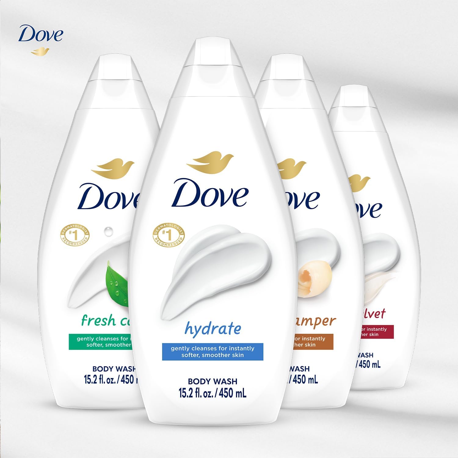 Dove Body Wash Variety 6-Pack – Hydrate, Gentle Pamper, Fresh Care, and Silky Velvet, 15.2 Oz Ea
