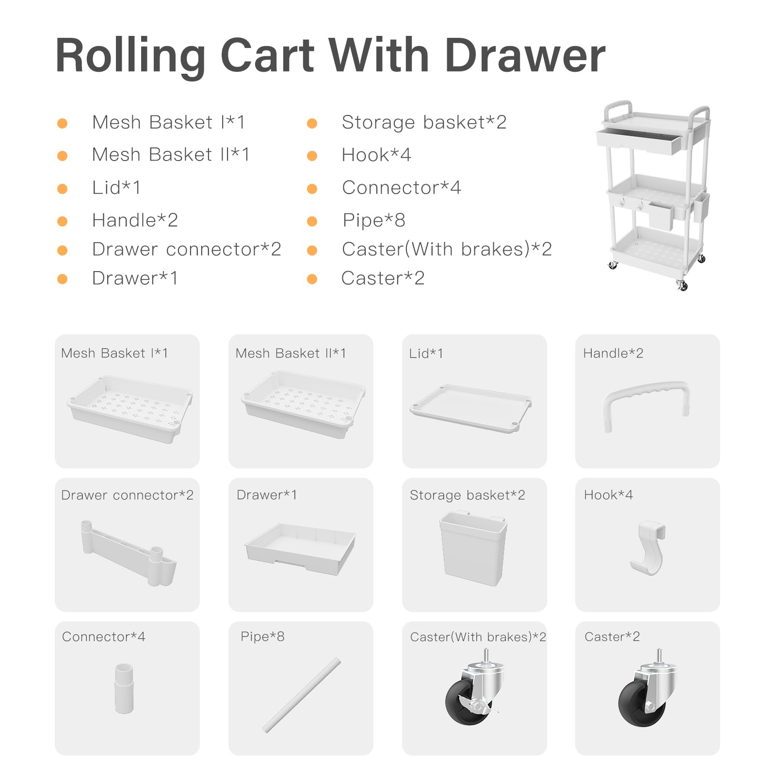 3 Tier Rolling Utility Cart with Drawer,REBECAT Utility Cart Made of Multifunctional Storage Organizer Tool for Kitchen,Bathroom,Living Room,Office(White)