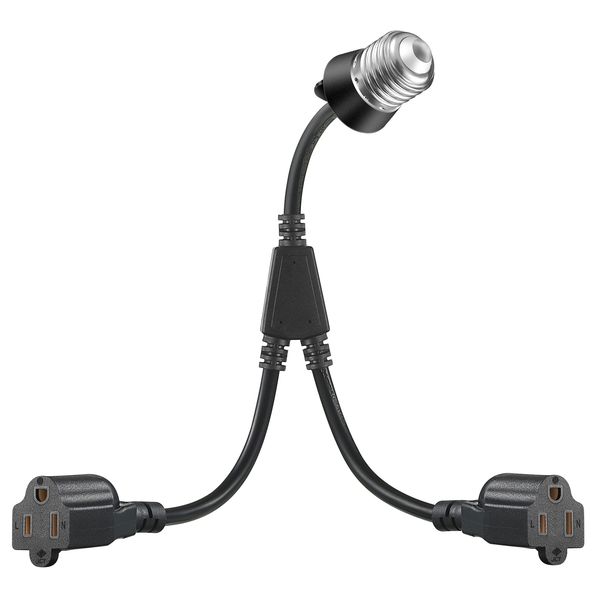 2 in 1 Light Socket to Plug Adapter, Convert E26/E27 Bulb Socket to 2 Pieces 3 Prong Outlet with Extension Cord, Flexible Light Bulb Socket Converter Suitable for Porch Patio Garage Use(Black)