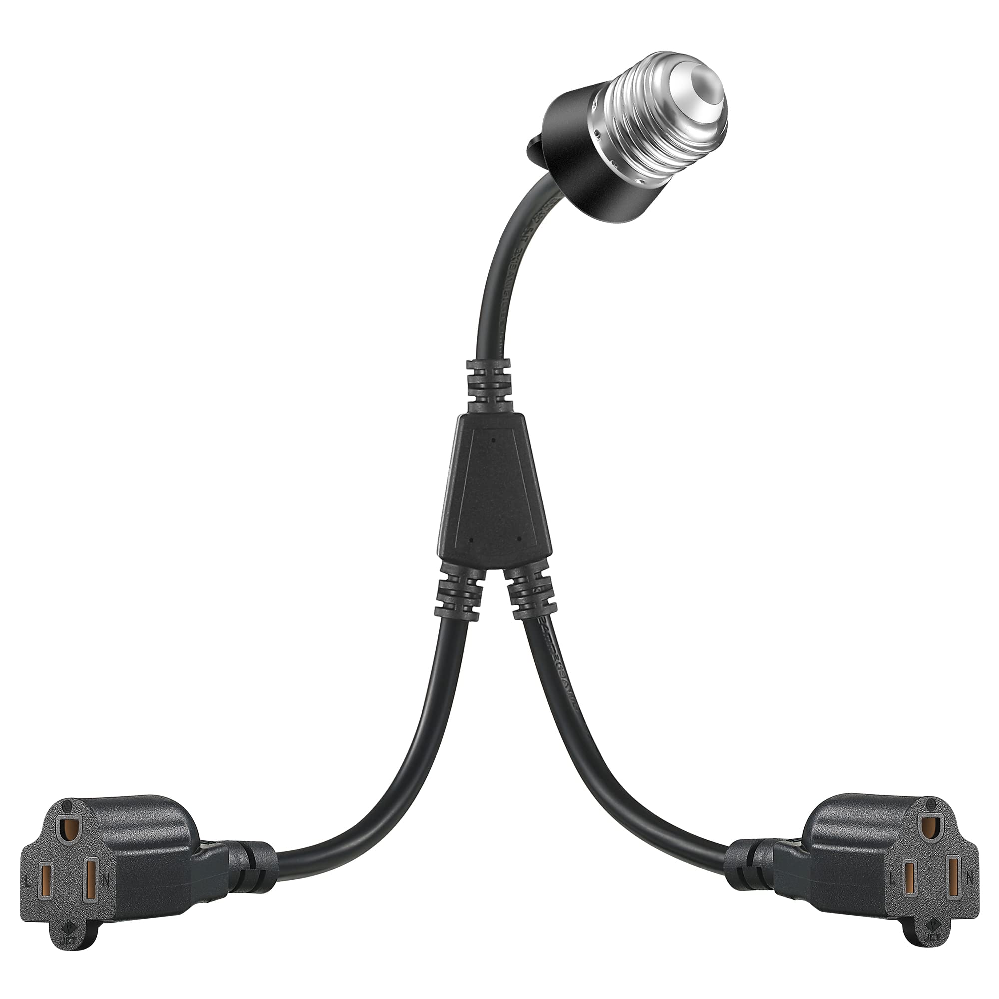 2 in 1 Light Socket to Plug Adapter, Convert E26/E27 Bulb Socket to 2 Pieces 3 Prong Outlet with Extension Cord, Flexible Light Bulb Socket Converter Suitable for Porch Patio Garage Use(Black)