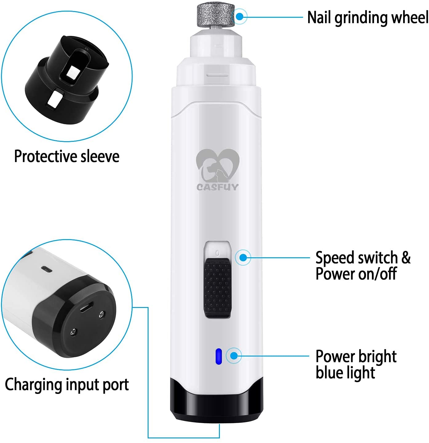 Casfuy Dog Nail Grinder Upgraded - Professional 2-Speed Electric Rechargeable Pet Nail Trimmer Painless Paws Grooming & Smoothing for Small Medium Large Dogs & Cats (White)