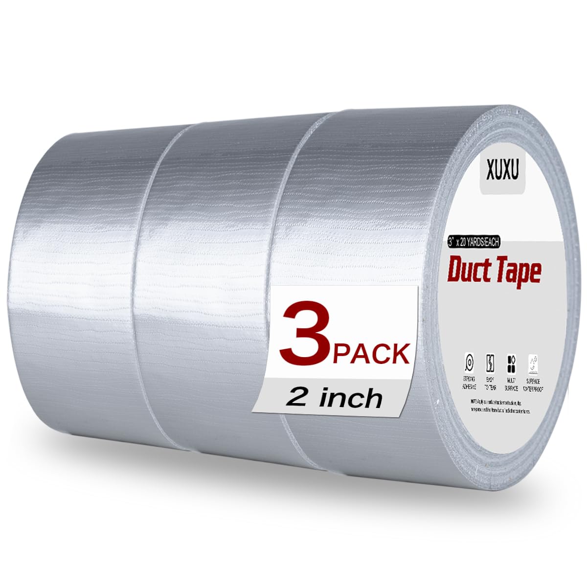 XUXU 3er-Pack Panzerband Heavy Duty Wasserdicht, extra starkes Klebeband Silber für Reparaturen Innen und Außen per Hand abreißbar, 60 Yards x 2 Zoll Gesamt