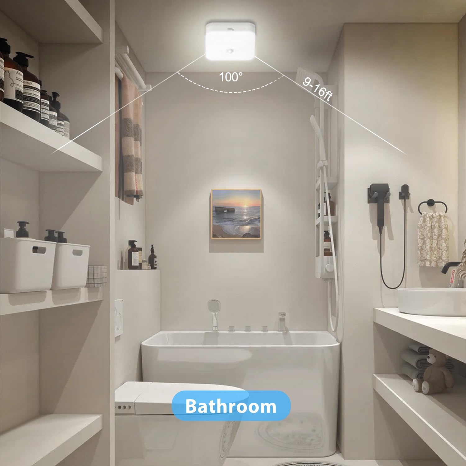 WhitePoplar Rechargeable Motion Sensor Closet Light, Rechargeable Battery Operated Ceiling Light Wireless, 500LM Wireless Motion Activated Light for Shower Stairs Hallway Pantry Porch Garage, 5000K